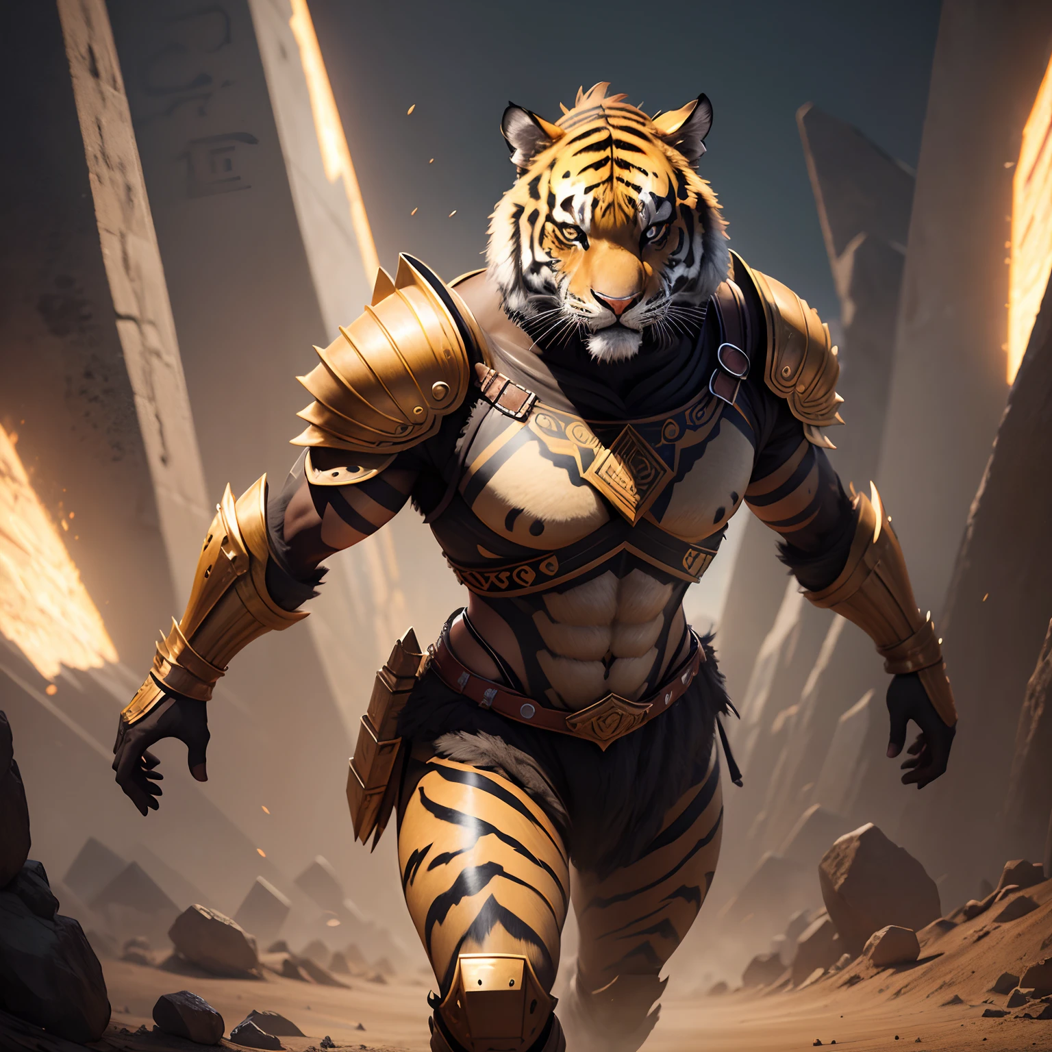 Cute tiger warrior in realistic 4K full body armor,Pyramids,Super Detailed, Vray Display, Unrealistic engine, Midjourney Art Style.
