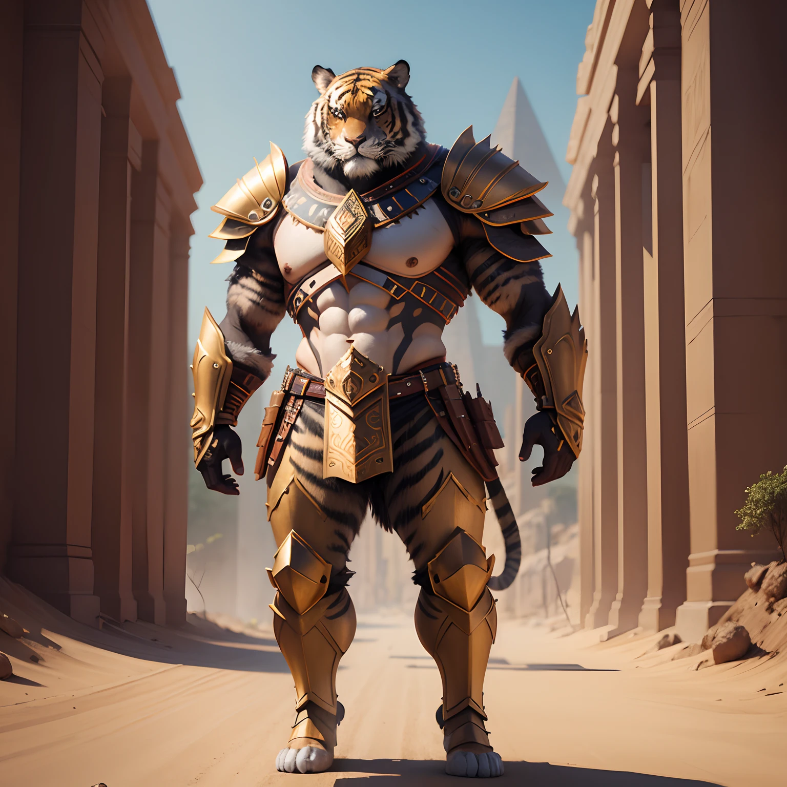 Cute tiger warrior in realistic 4K full body armor,Pyramids,Super Detailed, Vray Display, Unrealistic engine, Midjourney Art Style.