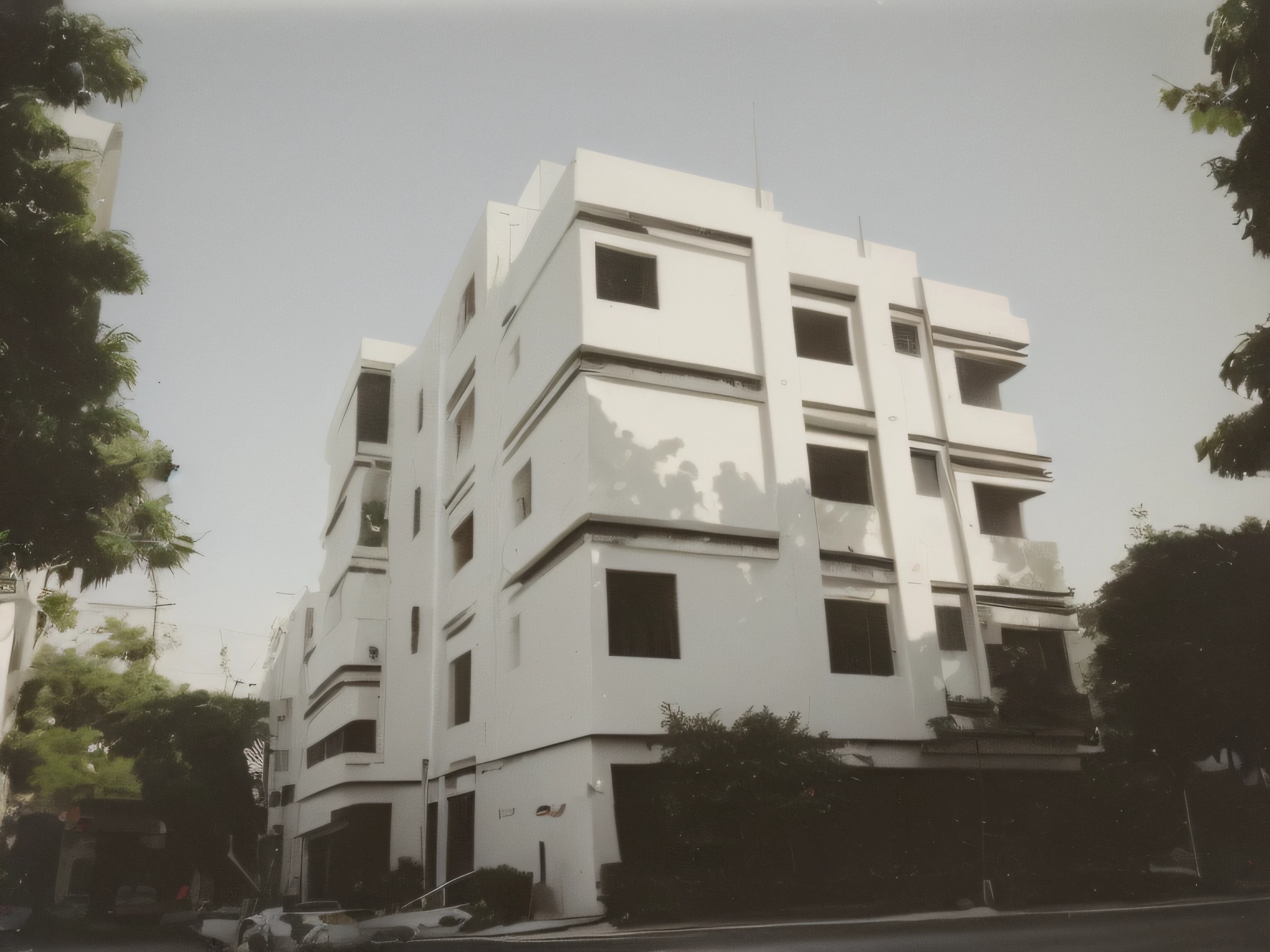 there is a building with a car parked in front of it, building facing, exterior view, full building, fully built buildings, arhitectural shot, concrete housing, concrete building, front side, white building, front-view, front side view, front view, street level view, single building, residential, stucco walls, architectural shot, white and creem wall complex