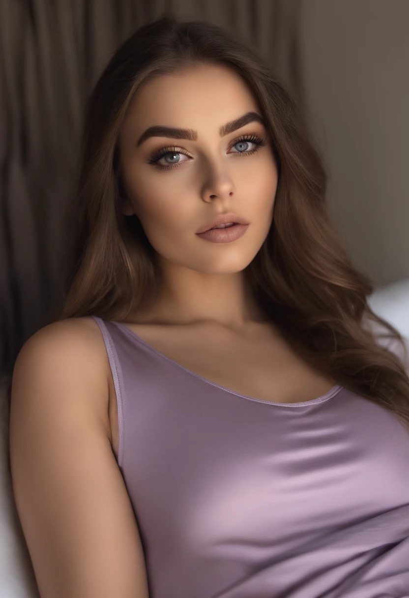 Arafed woman completely , fille sexy aux yeux bruns, ultra realist, Meticulously detailed, Portrait Sophie Mudd, cheveux bruns et grands yeux, selfie of a young woman, Yeux de chambre, Violet Myers, sans maquillage, maquillage naturel, looking straight at camera, Visage avec Artgram, Maquillage subtil, Great photo of the whole body kneeling on the bed, dans la chambre, Buste de grande taille, (((seins nus visibles)))