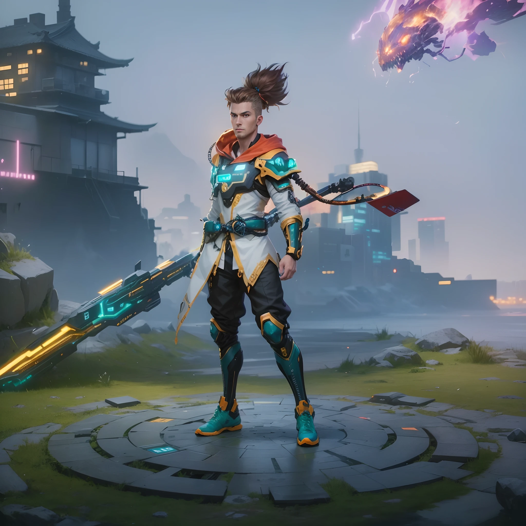 (absurd, intricate detail, masterpiece, top quality, high definition, 8k), 1 male, half Swedish with Japan,, older, handsome, fine eyes and face, blond quiff hair cropped on the sides, teal black eyes, watch the beholder, Solo, (full body: 0.6), detailed background, detailed face, (circuit board AI, electronic theme:1.1) Evil tech futuristic hacker, grin, advanced technology, hoodie, techware, key cards, cables, (holographic display:1.05), error messages, computer, password, server room in background, orange lights, cyber war, dark ominous atmosphere, depth of field, VFX,Shiny floors, glass floors, brown hair,realistic face,8k, masterpiece, RAW photo, best quality, photorealistic,ultra realistic