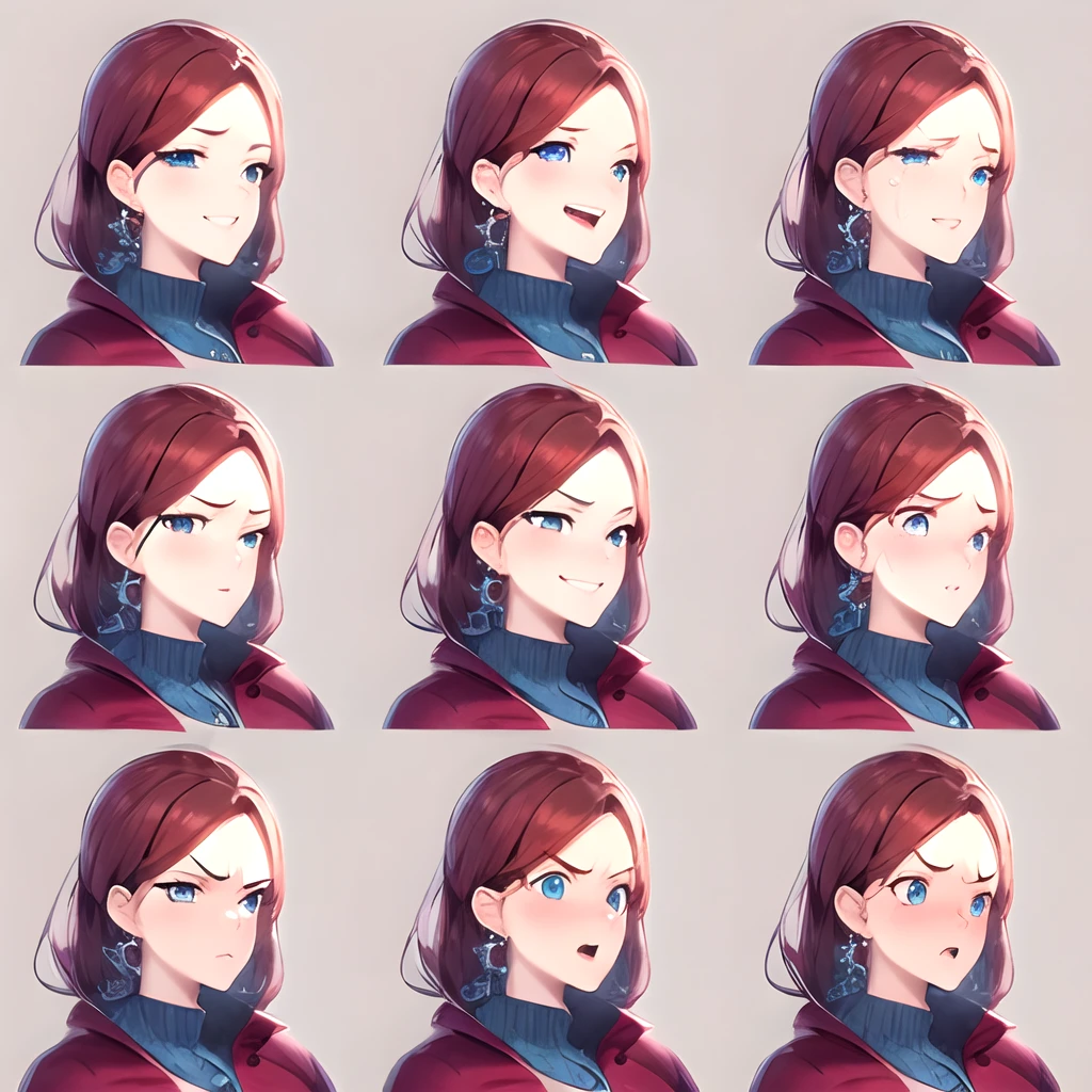1woman,mature female,left three-quarter view,grey background,close-up,face expression sheet,same person,9 face expressions,grid,facing viewer,hair over shoulder,faded red hair,blue eyes,earrings,smile,laughing,crying,tired,sly smirk,shy,grumpy, surprised,terrified,blue shirt,deep red coat,best quality,masterpiece,highly detailed,super detailed,8k