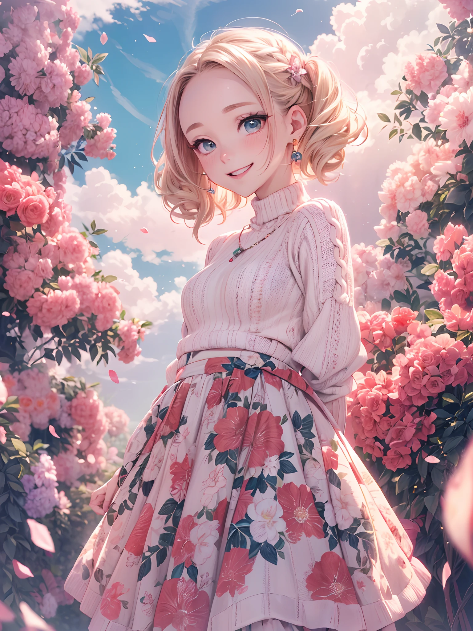 absurderes, ultra-detailliert,bright colour, extremely beautiful detailed anime face and eyes, view straight on, ;D, shiny_skin,25 years old, Short hair, (Forehead:1.3), Blonde hair with short twin tails, Shiny hair, Delicate beautiful face, red blush、(cyan eyes:1.2), White skin, hair clips, earrings, a necklace, (Red High Neck Knit:1.5),(Happy smile:1.4),(Floral long skirt:1.3),Beautiful cloud,(Pink pumps),Dusk sky,Full body