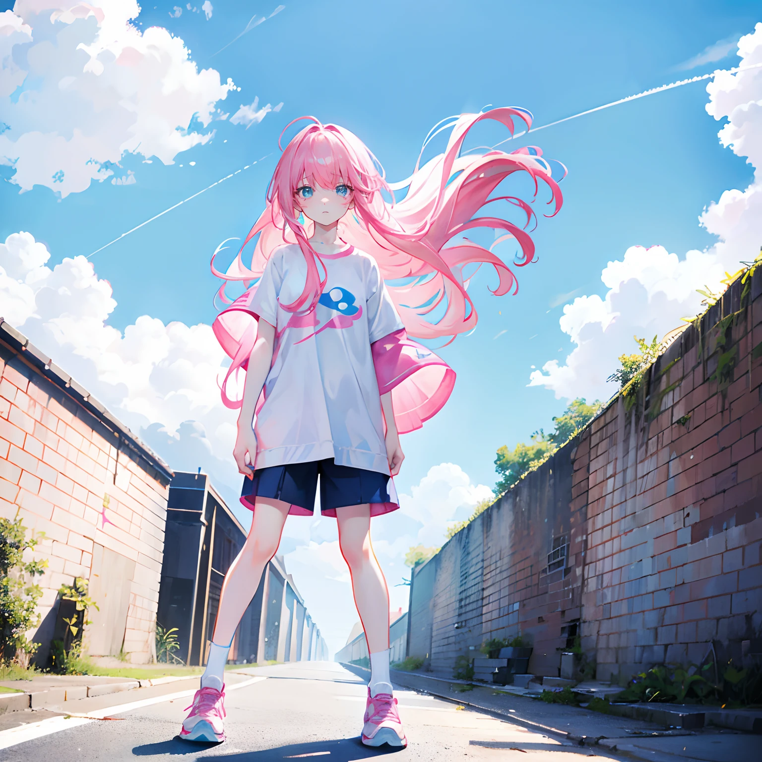 Pink hair,long whitr hair,Neat bangs,Qi bangs,skyblue eyes,,adolable,teens girl,short- sleeved,shorter pants,Wear sneakers on your feet,full-body photo on the front,All body,Fingers and arms are not exposed,Background sky ,with blue sky and white clouds