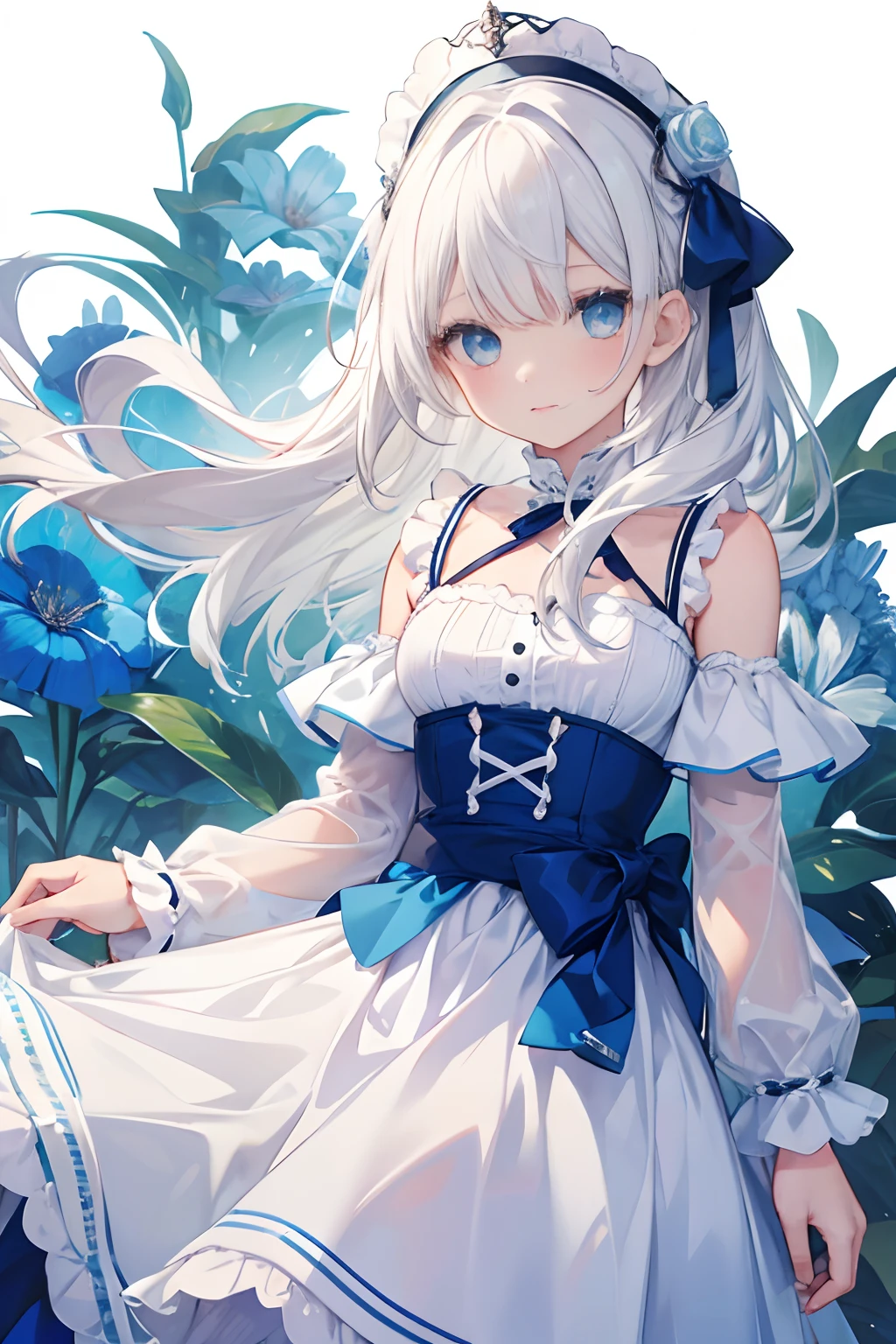 {high quality}, 1 girl, {white hair}, blue dress,