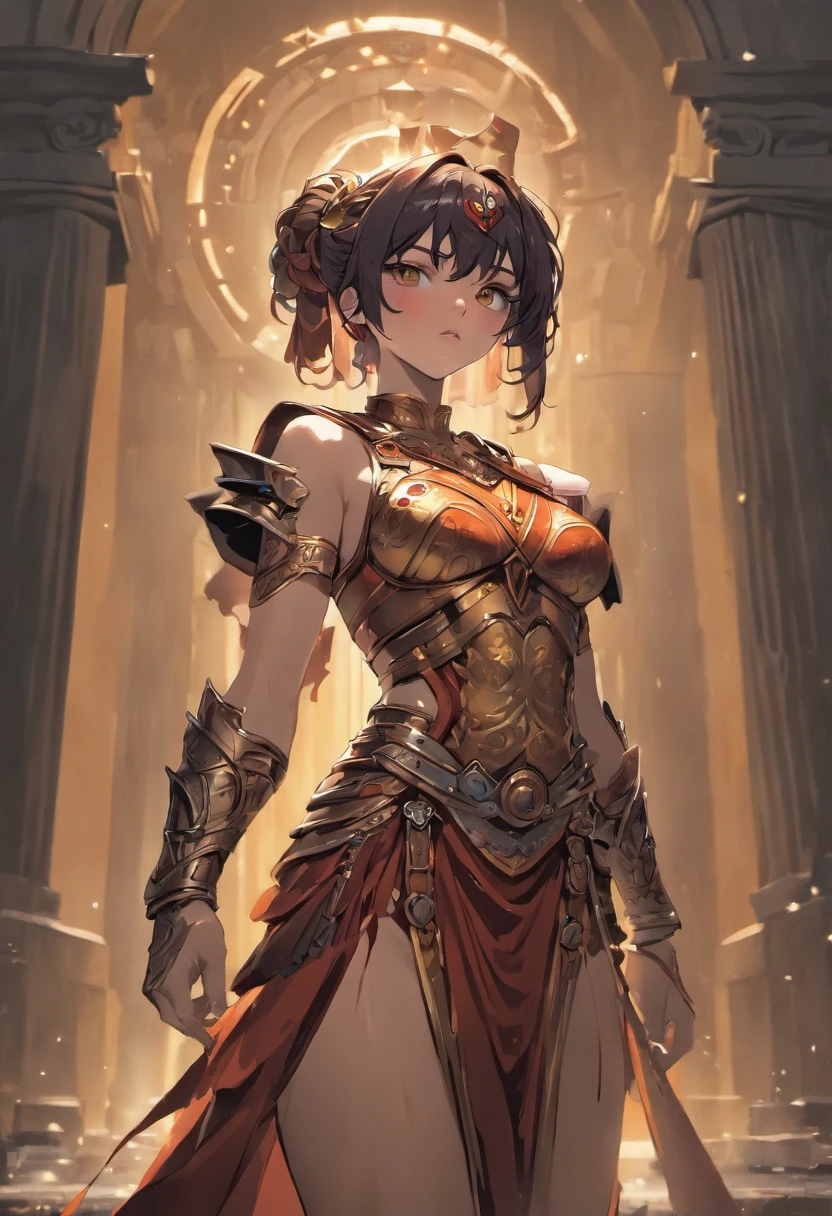 (8K, Best quality, tmasterpiece:1.2),\(eye detailed\),\(Facial features\),(\(Clothes detail details\)\),(1 girl:1.3),(Solo),teens girl,((musculature,Brown skin:1.4)),((brown hair,Single ponytail,red hairband,beautiful detailed blindfold:1.3)),((Medium breasts,Plump ass)),k hd,(Facial focus) ,Very detailed CG unity 8K wallpaper,hugefilesize,ultra - detailed,A high resolution,absurderes,beautidful eyes,Ray traching,dramatic shadow,finely detailled,Dramatic angles,Hyper-detailing,((Wearing a set of fantasy armor,The armor is inlaid with red hedrons,Wrapped in a powerful set of armor. The metal plate is decorated with an intricate design,Reminiscent of a flickering flame on the surface:1.4))