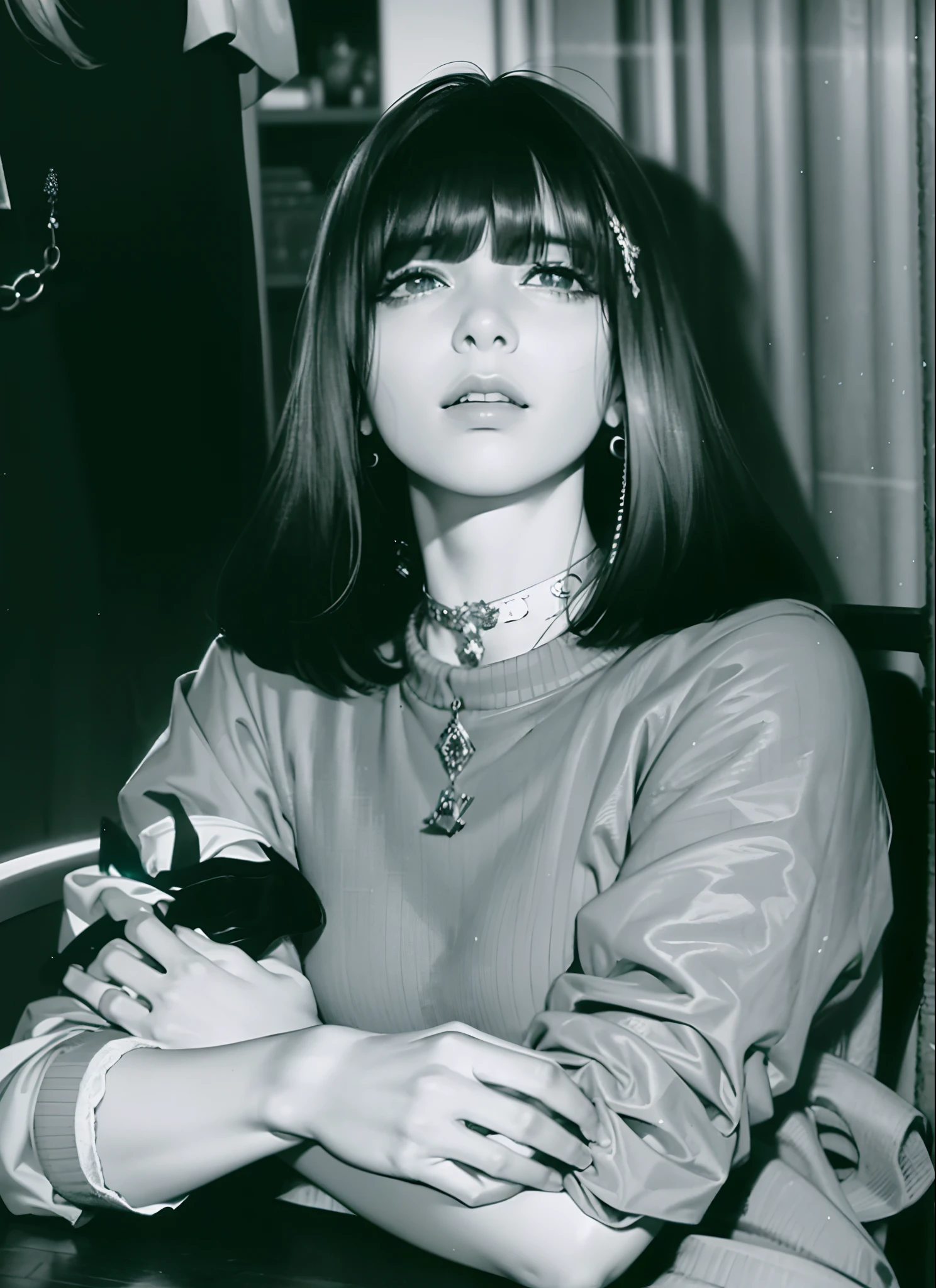 arafed woman sitting at a table with a cigarette in her hand, guido crepax, barbra streisand sitting, crepax, marianne collins, taken in the late 1970s, taken in the 1970s, marjorie cameron, 1 9 7 0 s photo, 1970s photoHD lighting and dark )<=(epic image quality)dark atmosphere with bright particle light(many effects in background) crying expresion.