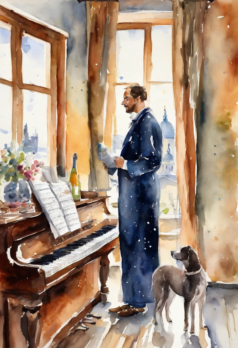 A man in a bathrobe stands at the piano, A bottle of champagne on the piano, Near the dog, It's snowing outside the window