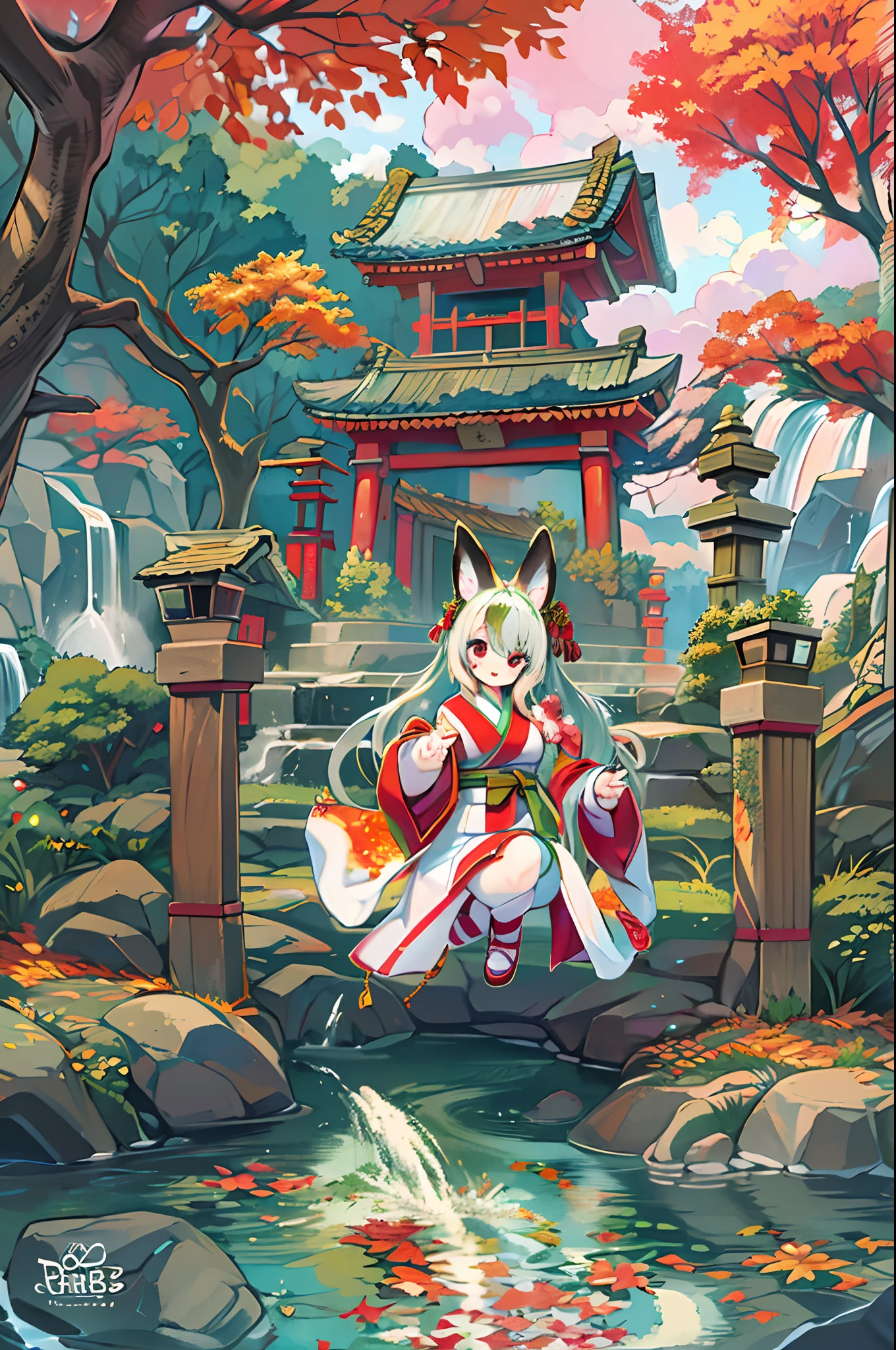 Fox Woman、body covered with fur、huge-breasted、kawaii、shrine maiden、Japan white clothes,Red Hakama、torii gate,((High Position))、A big smile、bbw、thick thight、big butts、Ultramammy,Chibi,Nanachi, autumn day,kaede、 Pines, Anime Background Art, japanese art style, beautiful anime scene, detailed scenery - width 672, Background art, Anime landscapes, Anime Background, Beautiful anime scenery, Beautiful peace scenes in anime, landscape artwork, Japan Village, Anime landscape concept art, 8K))、a lot of fallen leaves、Water twinkle、falls、Waterfall Basin、a river