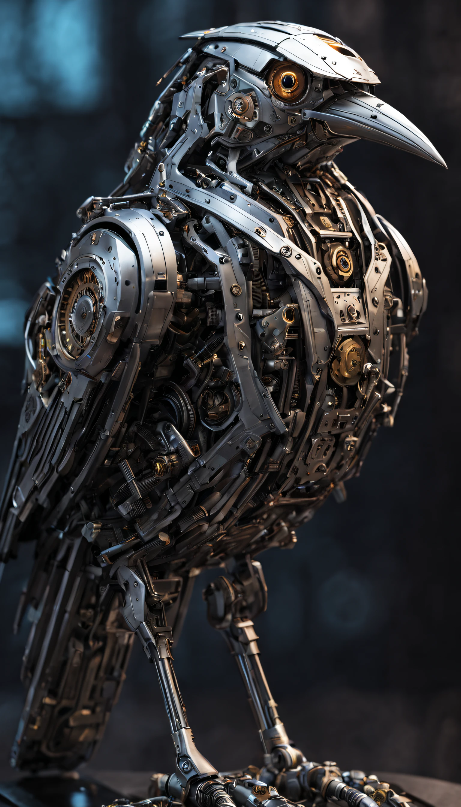 A detailed mechanical bird, cyberpunk, cyborg, masterpiece, best quality