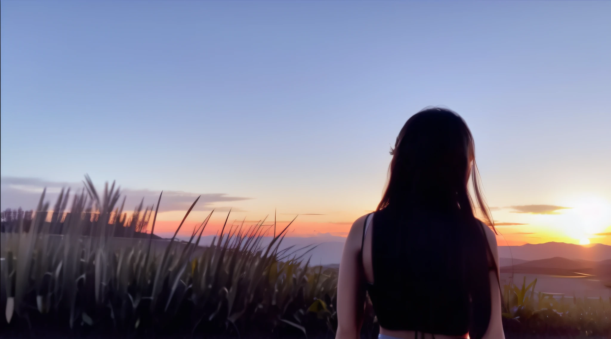 Araki woman standing in a field watching the sunset, looking out at a sunset, With sunset, watching the sunset, girl watching sunset, with a sunset, at a beautiful sunset, late sunset, watching the sunset, Sunset view, A cena mais bonita, late sunset, during sunrise,  looking out at a sunset, at the sunset