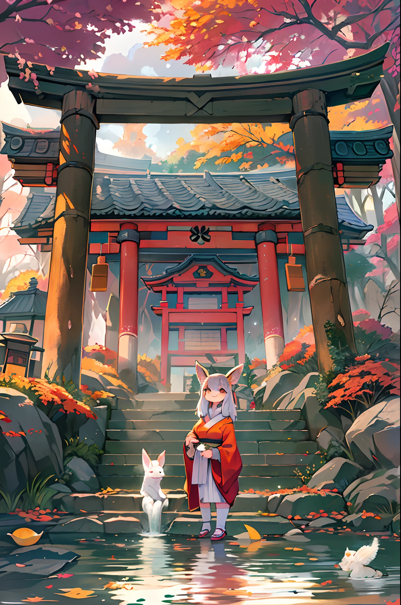 Fox Woman、body covered with fur、huge-breasted、kawaii、shrine maiden、Japan white clothes,Red Hakama、torii gate,((High Position))、A big smile、bbw、thick thight、big butts、Ultramammy,Chibi,Nanachi, autumn day,kaede、 Pines, Anime Background Art, japanese art style, beautiful anime scene, detailed scenery - width 672, Background art, Anime landscapes, Anime Background, Beautiful anime scenery, Beautiful peace scenes in anime, landscape artwork, Japan Village, Anime landscape concept art, 8K))、a lot of fallen leaves、Water twinkle、falls、Waterfall Basin、a river