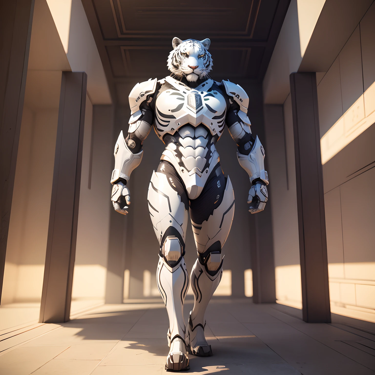 Cute white tiger, robot in realistic 4K full body armor,Pyramids,Super Detailed, Vray Display, Unrealistic engine, Midjourney Art Style.