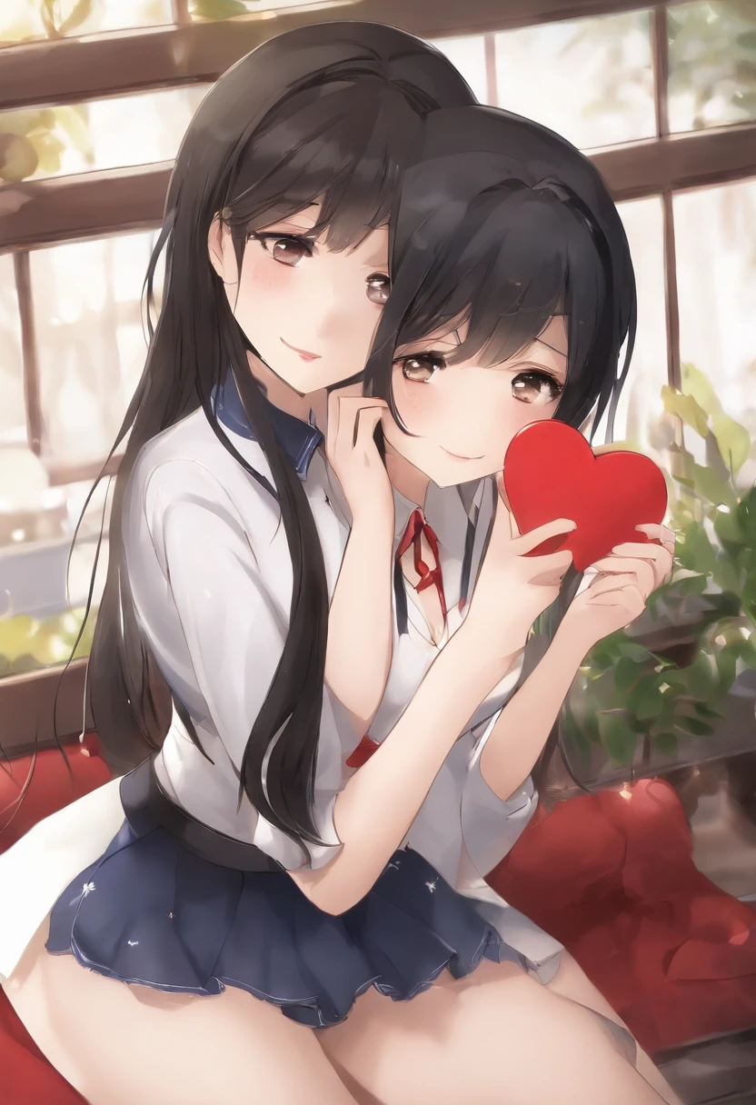 There is a girl in headphones holding a heart-shaped object, black hime-cut hair, iwakura lain, chiho, Happy!!!, sakimichan, hime-cut, hana yata, Rin, 奈良美智, けもの, shikamimi, sakimichan, lain iwakura、Bare-chest