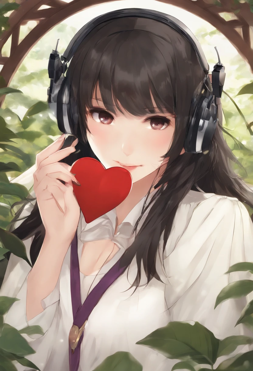 There is a girl in headphones holding a heart-shaped object, black hime-cut hair, iwakura lain, chiho, Happy!!!, sakimichan, hime-cut, hana yata, Rin, 奈良美智, けもの, shikamimi, sakimichan, lain iwakura、Bare-chest