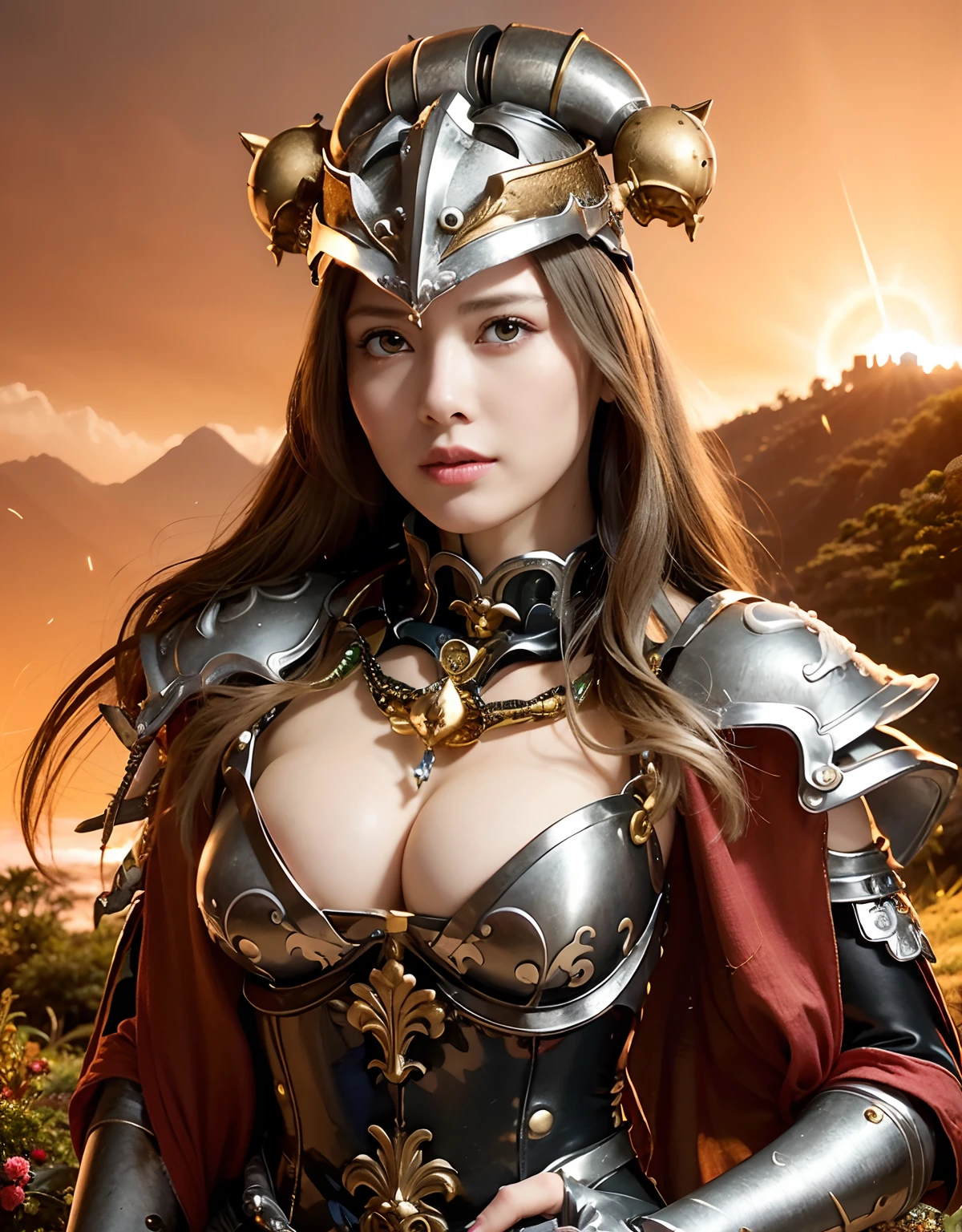Professional , masterpiece、top-quality、photos realistic , depth of fields ,top-quality、masterpiece、超A high resolution、(Photorealsitic:1.4)、Raw photo、女の子1a person、(Wind element),close-up,dream magical,tornado,Lightning,cleavage of the breast、Castle background,(Detailed Gemstone Gold Jewel Body:1.6),(Matte White、Jewel Gold Weapon_、(Detailed silver metal body:1.4),Gorgeous Jewel Metal Weapons ,(( Detailed Sword of the Brave)) ,(Fighting Goblin Auger)、(magic circles、Magic Chanting)、 Castle background ,warhammer 40k ,Wear a gorgeous dragon helmet、Brown hair、((Gangle's forest background))、Beautiful Caucasian beauty、1a person、dynamic ungle,(((Legendary Armor Jewelry Helmet)))、Particles of light、cleavage of the breast、Battle Pose、Mystical expression、