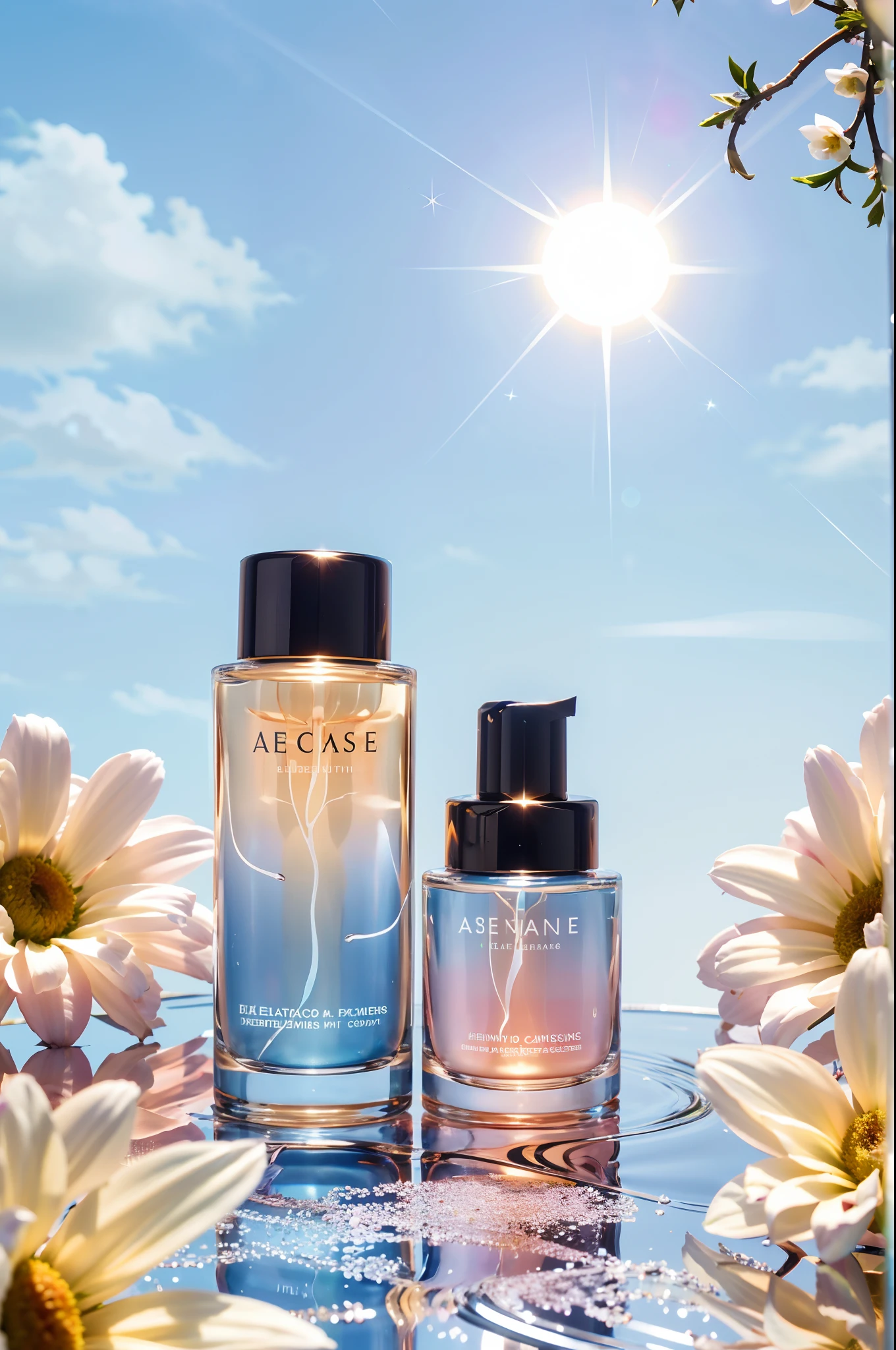 A bottle of glass cosmetics, Sparkle, Liquid, Sunlight, sky, Flowers, Simple background, Gradient background,