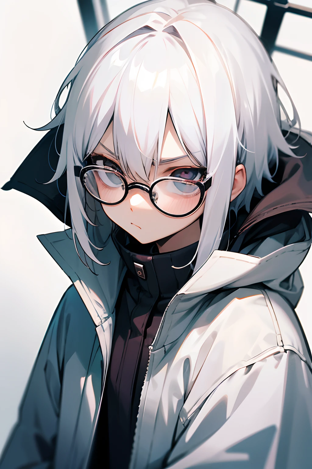 white  hair、wears glasses、parka、Semi-long、glaring