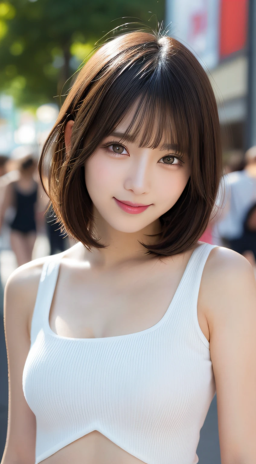 (Realistic, Photorealistic: 1.37), (masutepiece, Best Quality: 1.2), (Ultra High Resolution: 1.2), (Raw photo: 1.2), (Sharp Focus: 1.3), (Face Focus: 1.2), (Ultra detailed CG unified 8k wallpaper: 1.2), (Beautiful skin: 1.2), (pale skin: 1.3), (hyper-sharp focus: 1.5), (Ultra Sharp Focus: 1.5), ( Beautiful pretty face: 1.3), (hyper detailed background, Detail Background: 1.3), Bokeh, depth of fields, BREAK, very cute and beautiful Japan pictures of women, (sexymodel), professional attire, (22 years old: 1.1), Portrait of a girl with a bright smile, Upper body image, When viewed from the front, The composition is symmetrical, (Studio Lighting: 1.3), (Cinematic lights: 1.3), (Backlight: 1.3), Dim lighting, lighting that covers the whole body, (looking straight at you, Standing, Arms Down, SEXY Model Pose), BREAK, (shiny-brown half-up thin hair: 1.2), dark brown eyes, Beautiful eyes, Princess Eyes, ((Brown hair:1.3)), Single hair, Bangs, hair between eye, Long hair, curby, (huge-breasted;1.37, Big Breast:1.37, Big cleavage:1.37),  (Detailed beautiful girl: 1.4), (Bare shoulder, Chest squeezed together, View Viewer, (cotton bikini:1.3), Solo, Parted lips, Red lips, (Shiny skin), Sweat, (Detailed blue sea view:1.5, Simple background), (light seductive smile:1.25), ((Perfect female body)), (Upper body image:1.3), Frame the head, Perfect Anatomy, Perfect proportions, 8.5 life-size, Face Focus, hyper realistic photography, Hyper Sharp Image, Hyper Detail Image,(short cut hair),