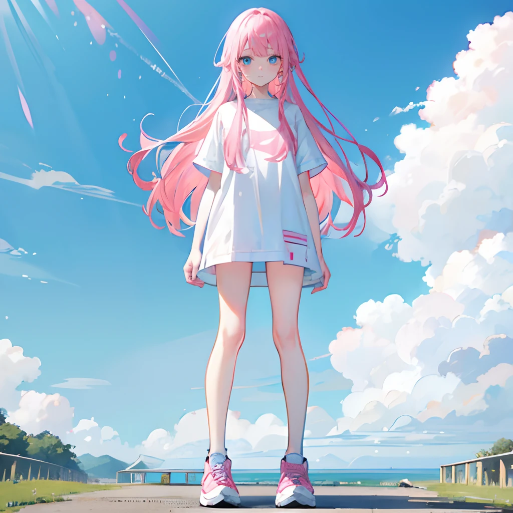 Pink hair,long whitr hair,Neat bangs,Qi bangs,skyblue eyes,,adolable,teens girl,short- sleeved,shorter pants,Wear sneakers on your feet,fully body photo,All body,Fingers and arms are not exposed,The background is all the sky ,with blue sky and white clouds,weeping,Tearful expressions
