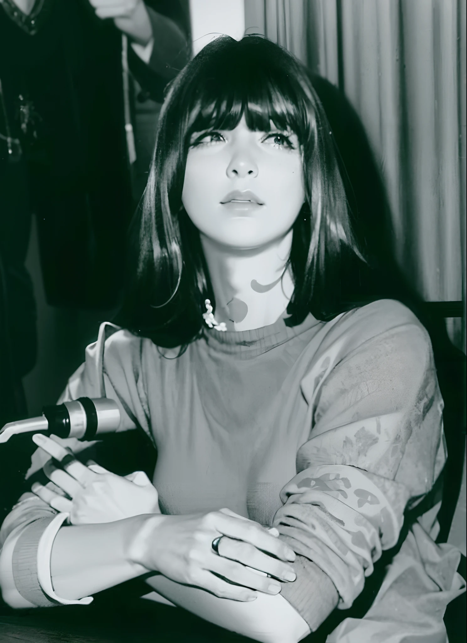 arafed woman sitting at a table with a cigarette in her hand, guido crepax, barbra streisand sitting, crepax, marianne collins, taken in the late 1970s, taken in the 1970s, marjorie cameron, 1 9 7 0 s photo, 1970s photoHD lighting and dark )<=(epic image quality)dark atmosphere with bright particle light(many effects in background) crying expresion.tear.
