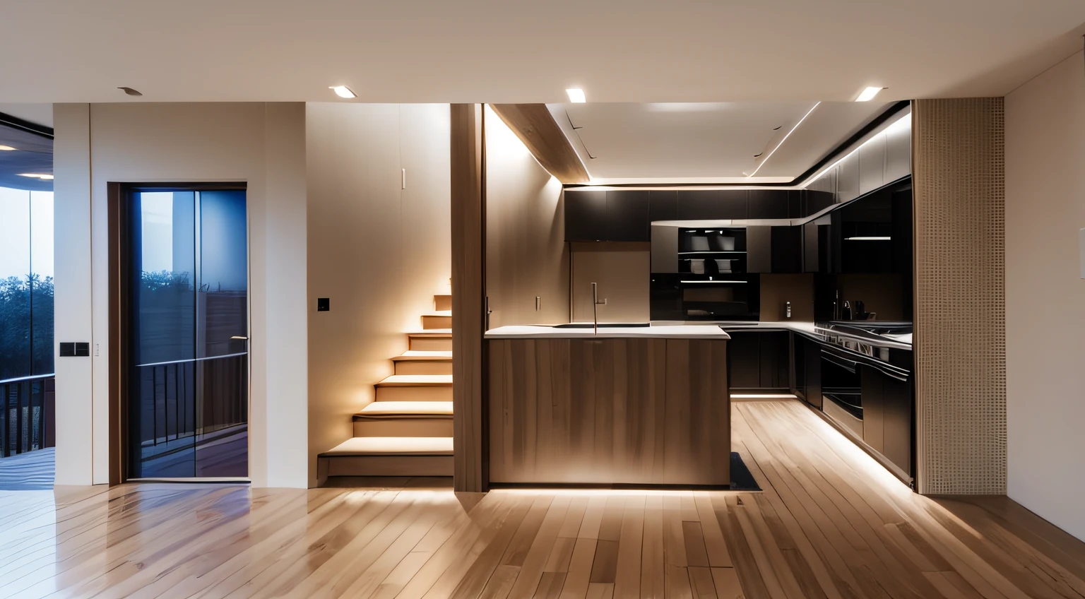modern kitchen, stair, elevator, wooden cabinet kitchen