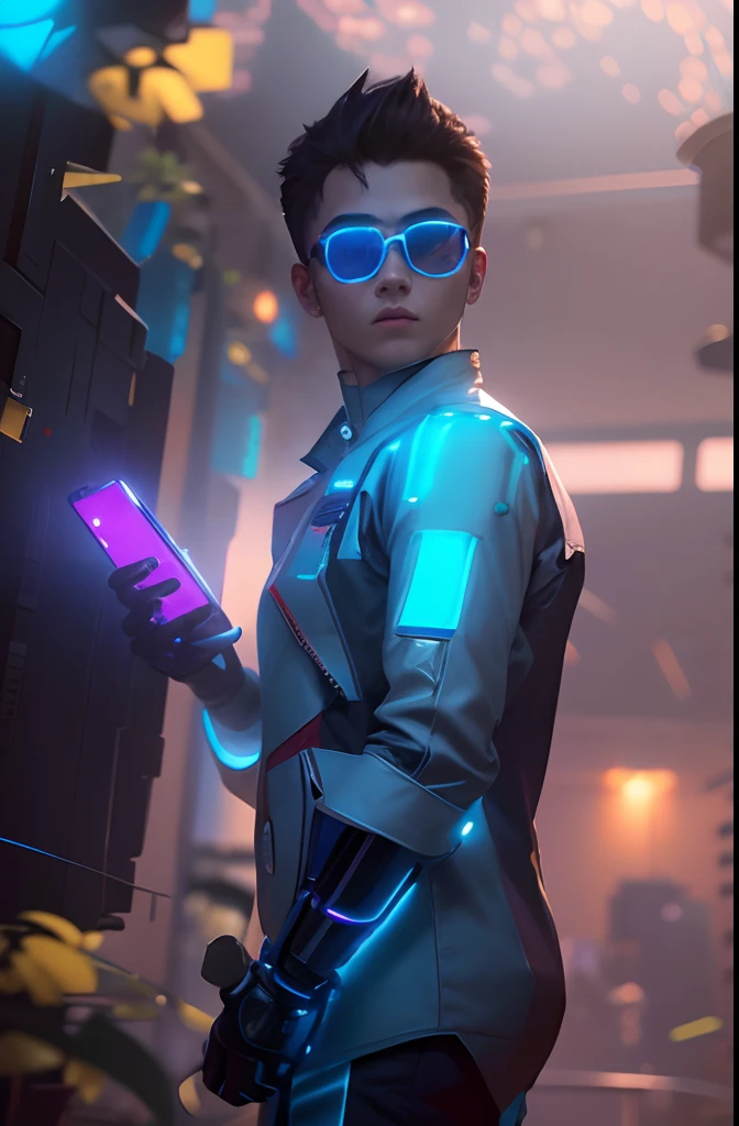 1 boy in a Mecha Gundam suite, detailed gundam, eyes ultra detailed,((masterpiece, better quality)) top-quality, A high resolution, (reality: 1.4), (A hyper-realistic), (high resolution), (8K), (highly detailed), ( Best Illustration), (detailed eyes), (ultra-detailliert), Bright lighting, Professional Lighting、The background is a cyberpunk room with neon lights., The cord is connected from the costume ,random colors, large mechanical robot construction, microchip, computer, glossy, intricate details,shitu-mecha,