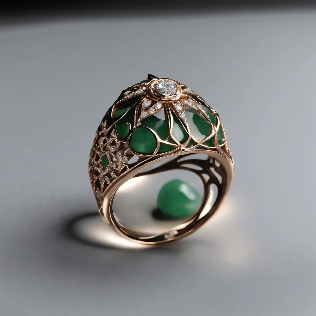 (Ring art design,Pentagram pattern,Simple jewelry design,Art Nouveau,dynamic art,Contemporary art:1.45),(Berlin black iron jewelry in Victorian Gothic style,Intricately carved diamonds, Gold thread and jade ring,Hollow plant shape metal carving,Intricate,ironwork,Handmade,Romantic engagement rings,Set with a pear-shaped diamond center stone,Set with rose gold band. The ring is edged with diamonds,Add a feminine touch to your designs,The image has a softness, Fantastical Atmosphere,Available for Facebook Ring Ads:1.2),
