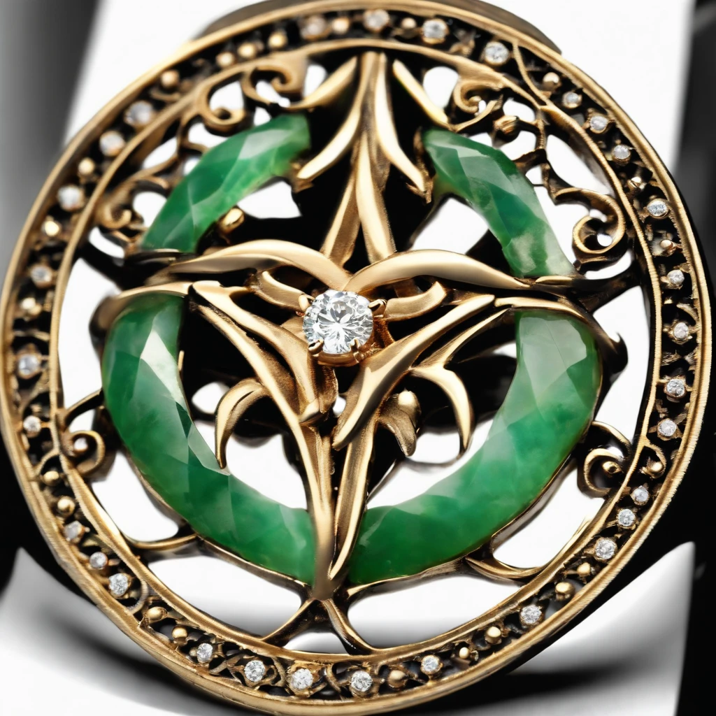 (Ring art design,Pentagram pattern,Simple jewelry design,Art Nouveau,dynamic art,Contemporary art:1.45),(Berlin black iron jewelry in Victorian Gothic style,Intricately carved diamonds, Gold thread and jade ring,Hollow plant shape metal carving,Intricate,ironwork,Handmade,Romantic engagement rings，Set with a pear-shaped diamond center stone,Set with rose gold band. The ring is edged with diamonds,Add a feminine touch to your designs,The image has a softness, Fantastical Atmosphere，Available for Facebook Ring Ads:1.2),