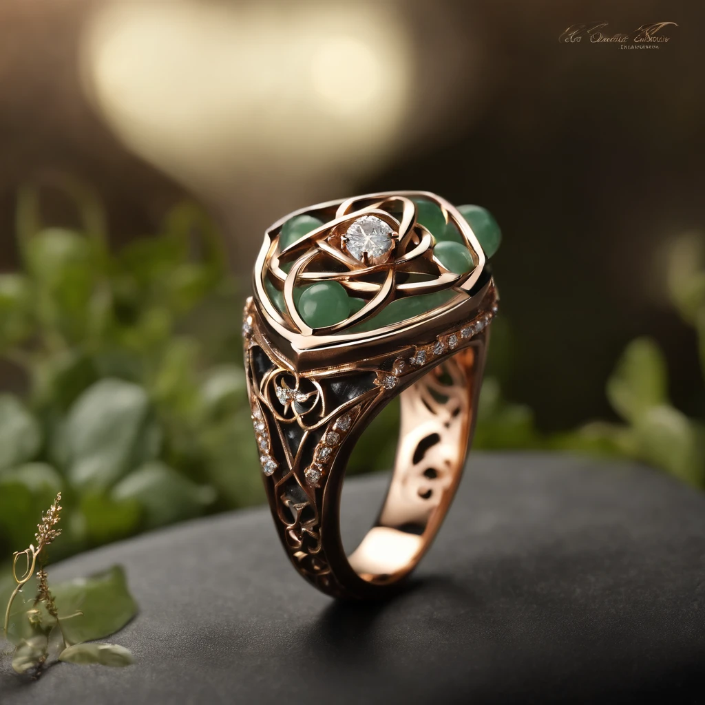 (Ring art design,Pentagram pattern,Simple jewelry design,Art Nouveau,dynamic art,Contemporary art:1.45),(Berlin black iron jewelry in Victorian Gothic style,Intricately carved diamonds, Gold thread and jade ring,Hollow plant shape metal carving,Intricate,ironwork,Handmade,Romantic engagement rings，Set with a pear-shaped diamond center stone,Set with rose gold band. The ring is edged with diamonds,Add a feminine touch to your designs,The image has a softness, Fantastical Atmosphere，Available for Facebook Ring Ads:1.2),
