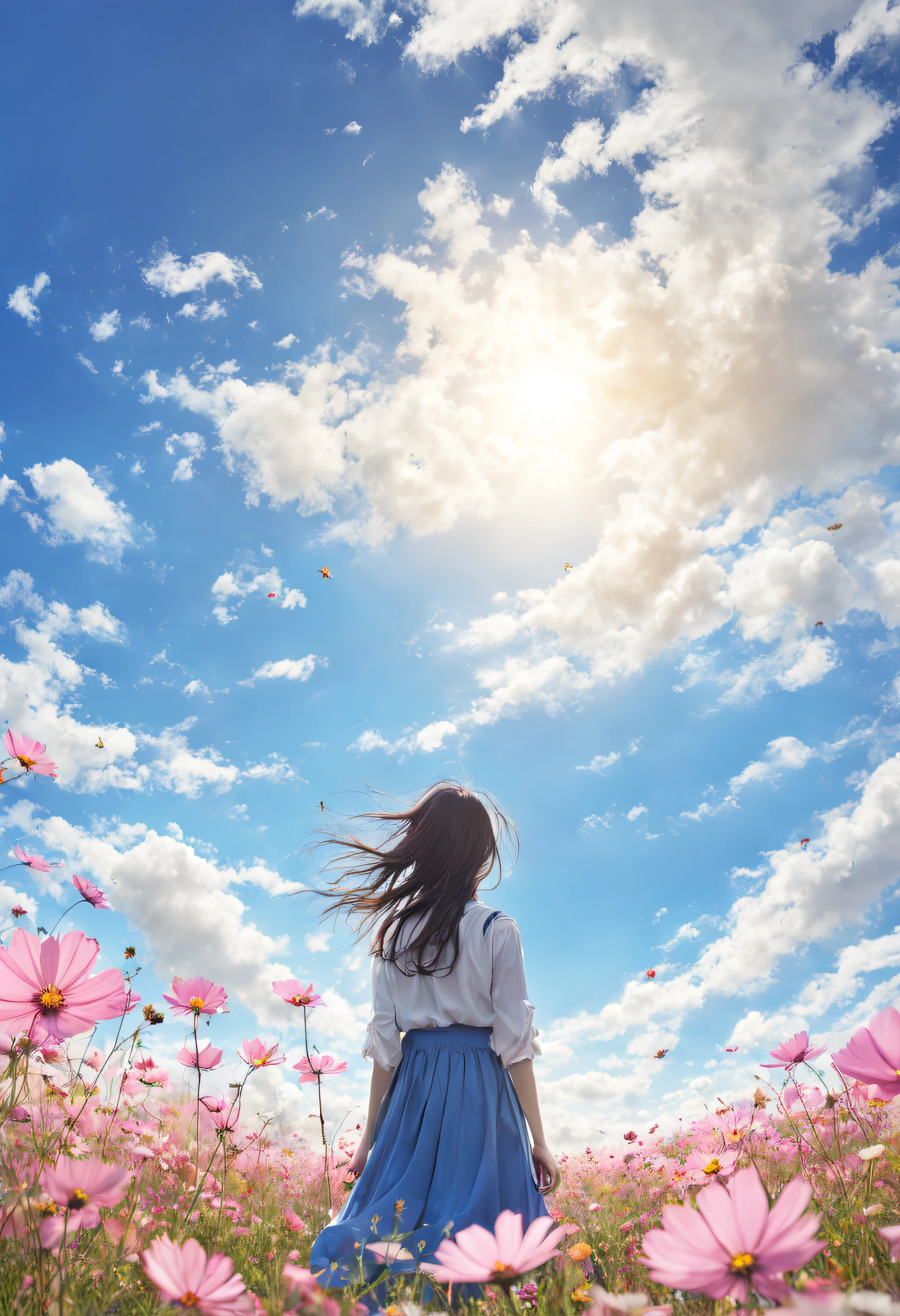 Lonely flowers and blue sky、Autumn sky and beautiful cosmos flowers、Landscape photo of the vast cosmos flower field、（View from below with a view of the sky and the wilderness below）、Girl looking up at blue sky、Draw a big picture of the sky、masutepiece、top-quality