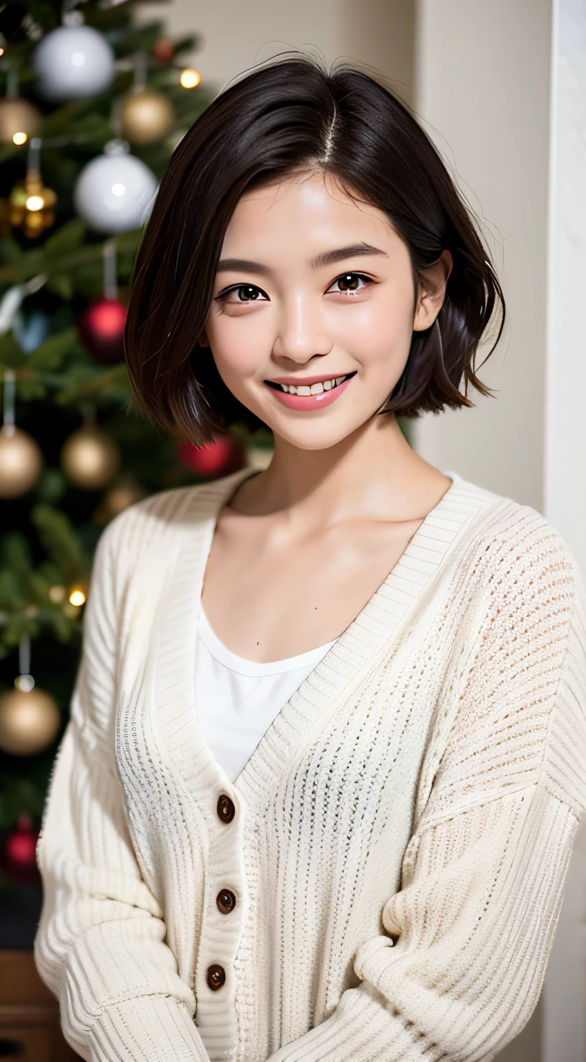 masterpiece, Best quality, Raw photorealism, Smile, big smile, happy face, Beautiful girl, Cute, Short hair, very short hair, small breasts, depth of field, High resolution, Ultra detail, Very detailed eyes and face, Sharp pupils, Realistic pupils, Sharp focus, Movie lighting, soft lighting, cardigan, wearing white cardigan, winter, winter vibe, christmas tree background, in front of fire,