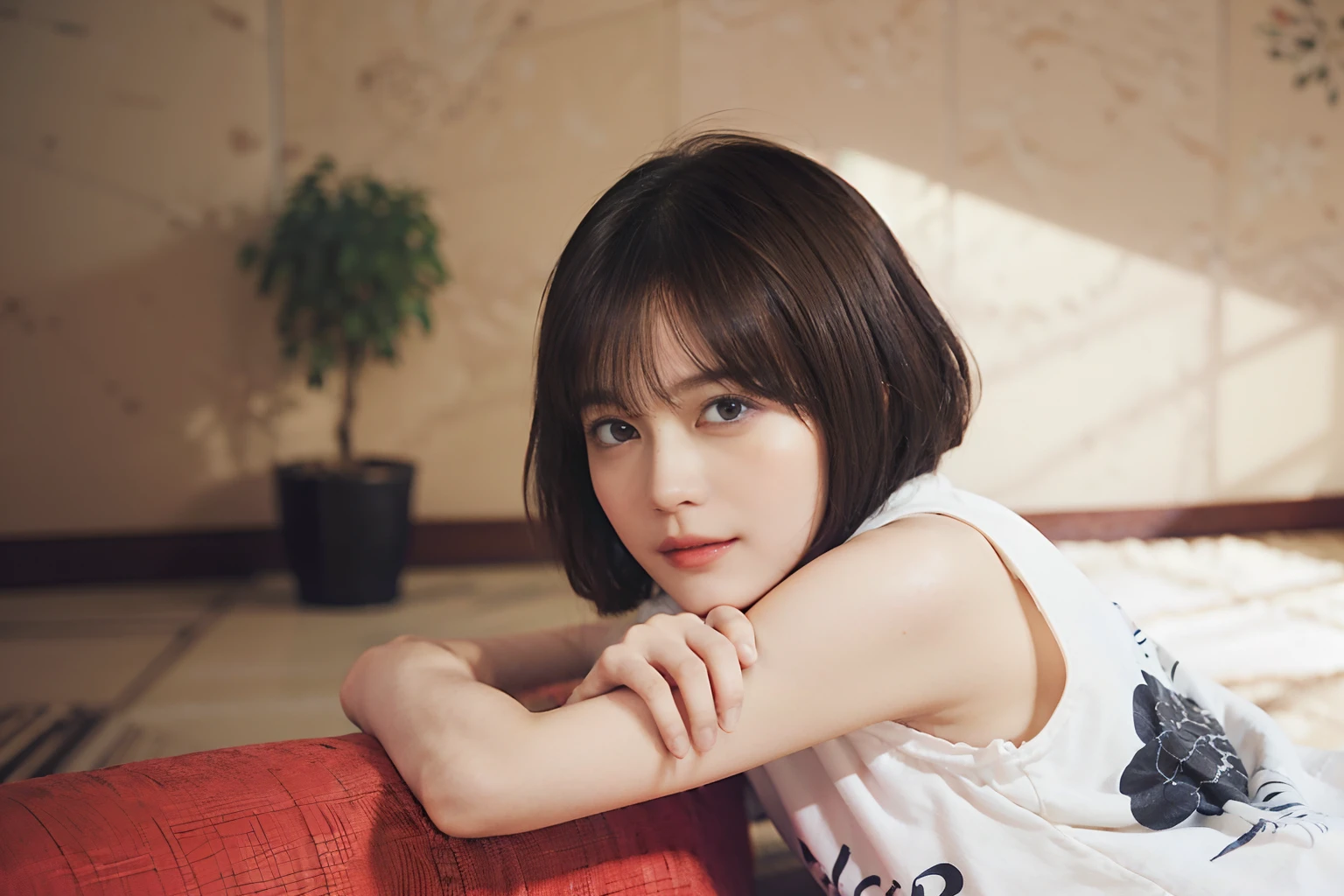 22
(Shorthair:1.3), (a 20 yo woman), (A hyper-realistic), (masutepiece), (8KUHD), Focus on the face, (The walls of the room are fractal art:1.23),
Graphic T-shirt with anime characters printed