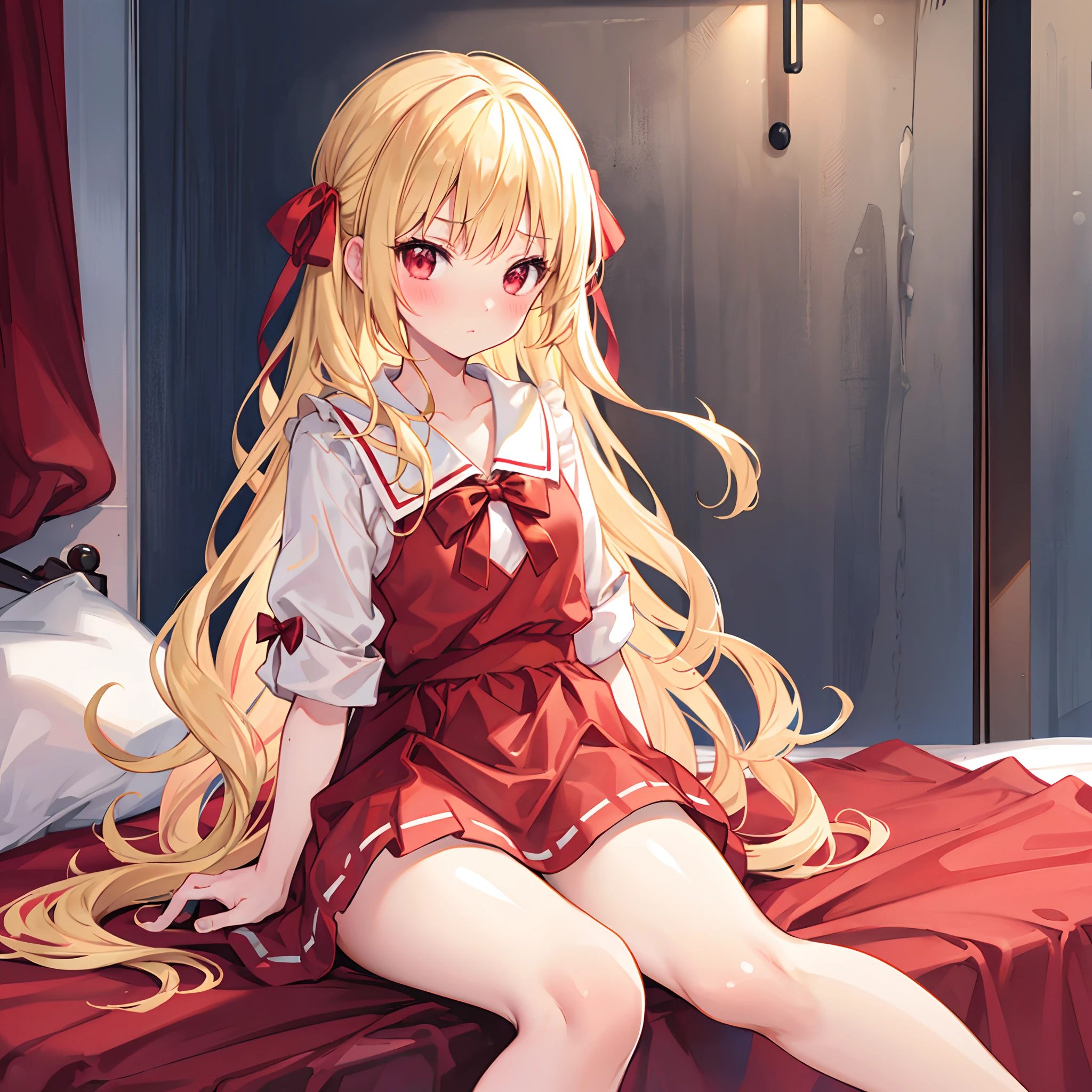 (masterpiece, best quality), 1girl, blonde hair, red dress, pantyhose, cute face, blush,