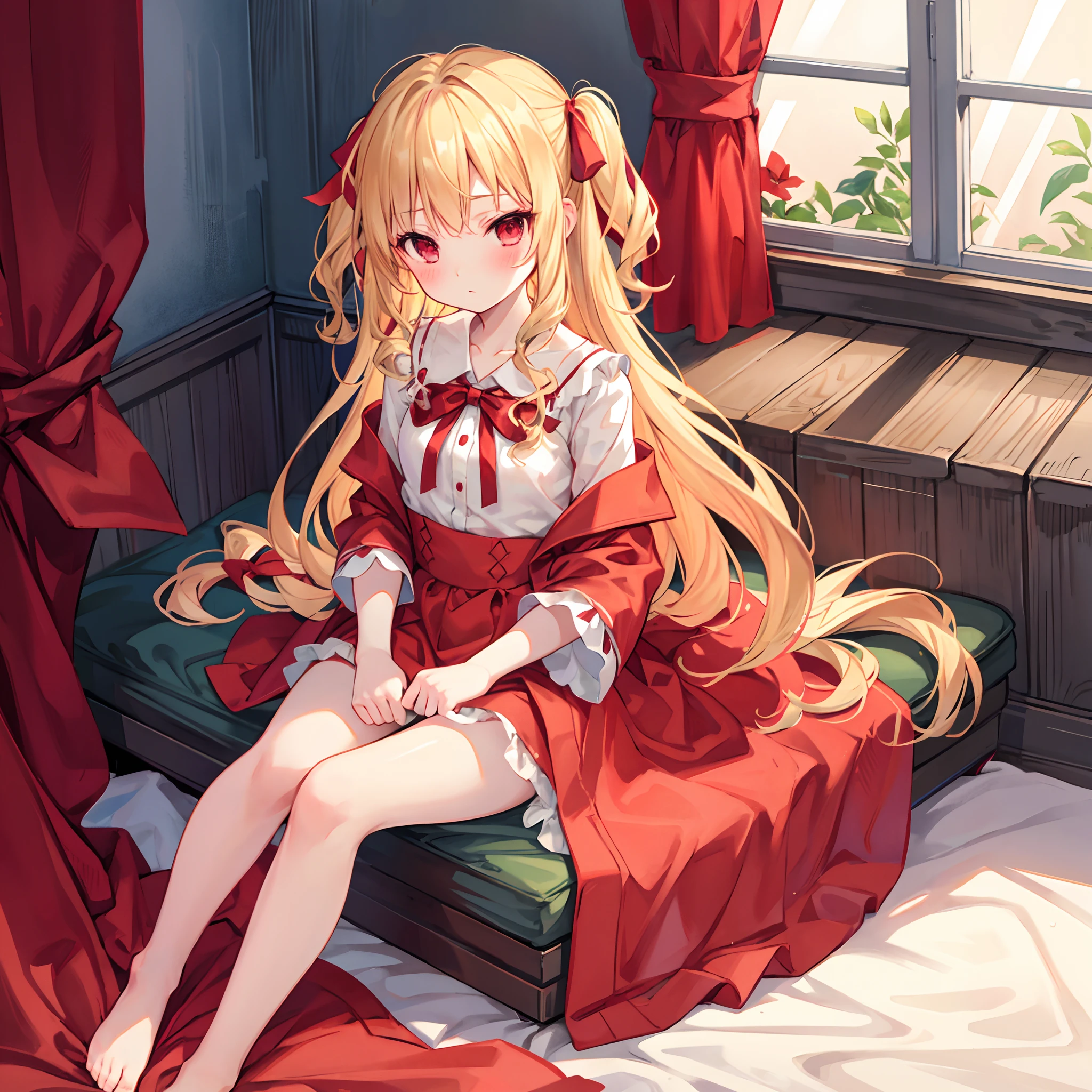 Wavy blonde、red eyes、bow ribbon、Beautiful girl alone、red blush、Red dress、Raw feet、Sitting in bed、Western-style interior、panties on