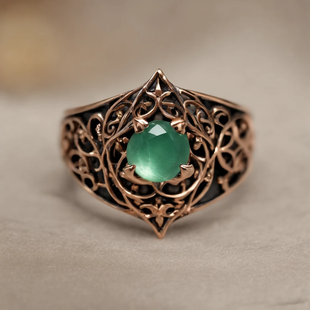 (Ring art design,Pentagram pattern,Simple jewelry design,Art Nouveau,dynamic art,Contemporary art:1.45),(Berlin black iron jewelry in Victorian Gothic style, Gold thread and jade ring,Hollow plant shape metal carving,Intricate,ironwork,Handmade,Romantic engagement rings，Set with a pear-shaped gemstone,Set with rose gold band. Add a feminine touch to your designs,The image has a softness, Fantastical Atmosphere，Available for Facebook Ring Ads:1.2),