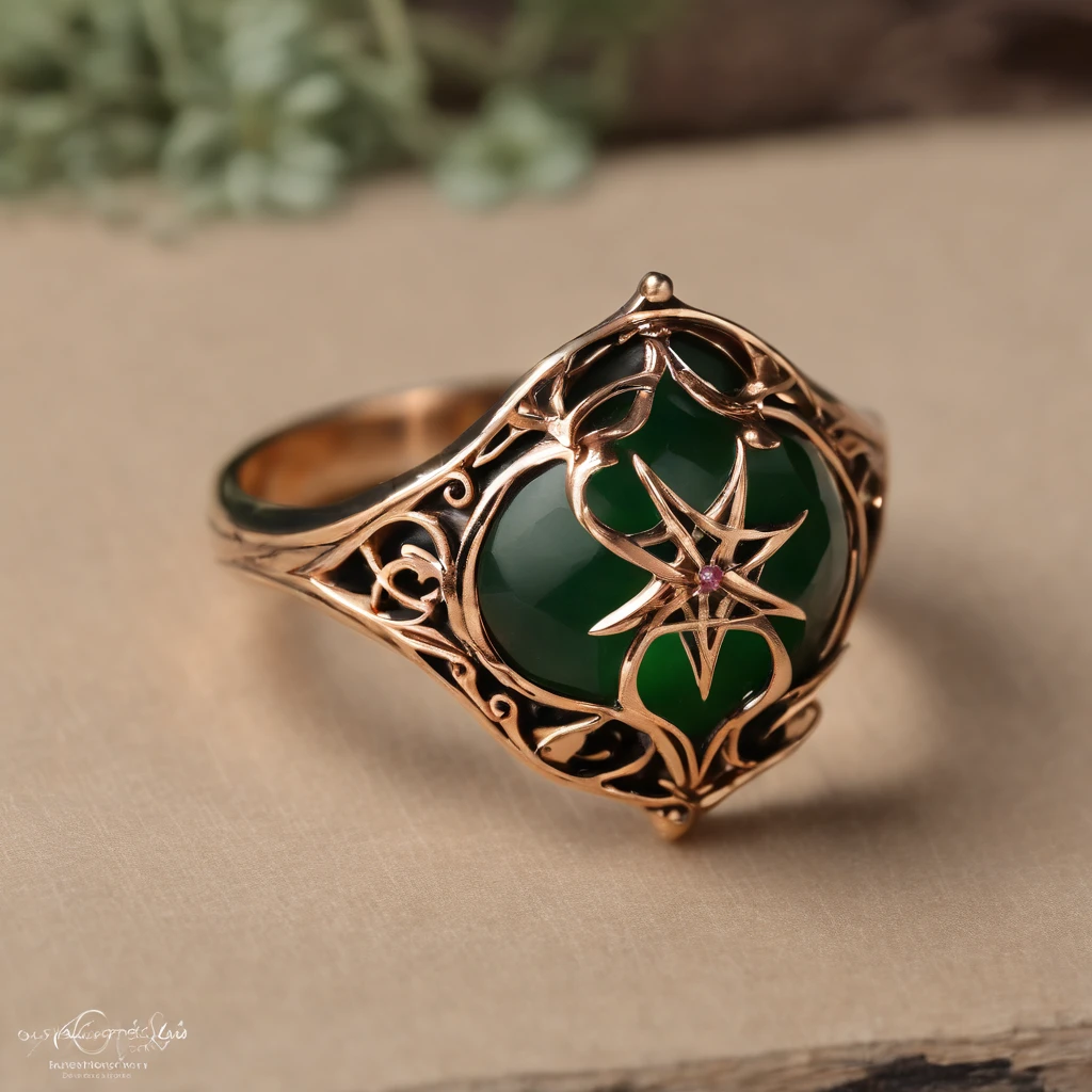 (Ring art design,Pentagram pattern,Simple jewelry design,Art Nouveau,dynamic art,Contemporary art:1.45),(Berlin black iron jewelry in Victorian Gothic style, Gold thread and jade ring,Hollow plant shape metal carving,Intricate,ironwork,Handmade,Romantic engagement rings,Set with a pear-shaped gemstone,Set with rose gold band. Add a feminine touch to your designs,The image has a softness, Fantastical Atmosphere,Available for Facebook Ring Ads:1.2),