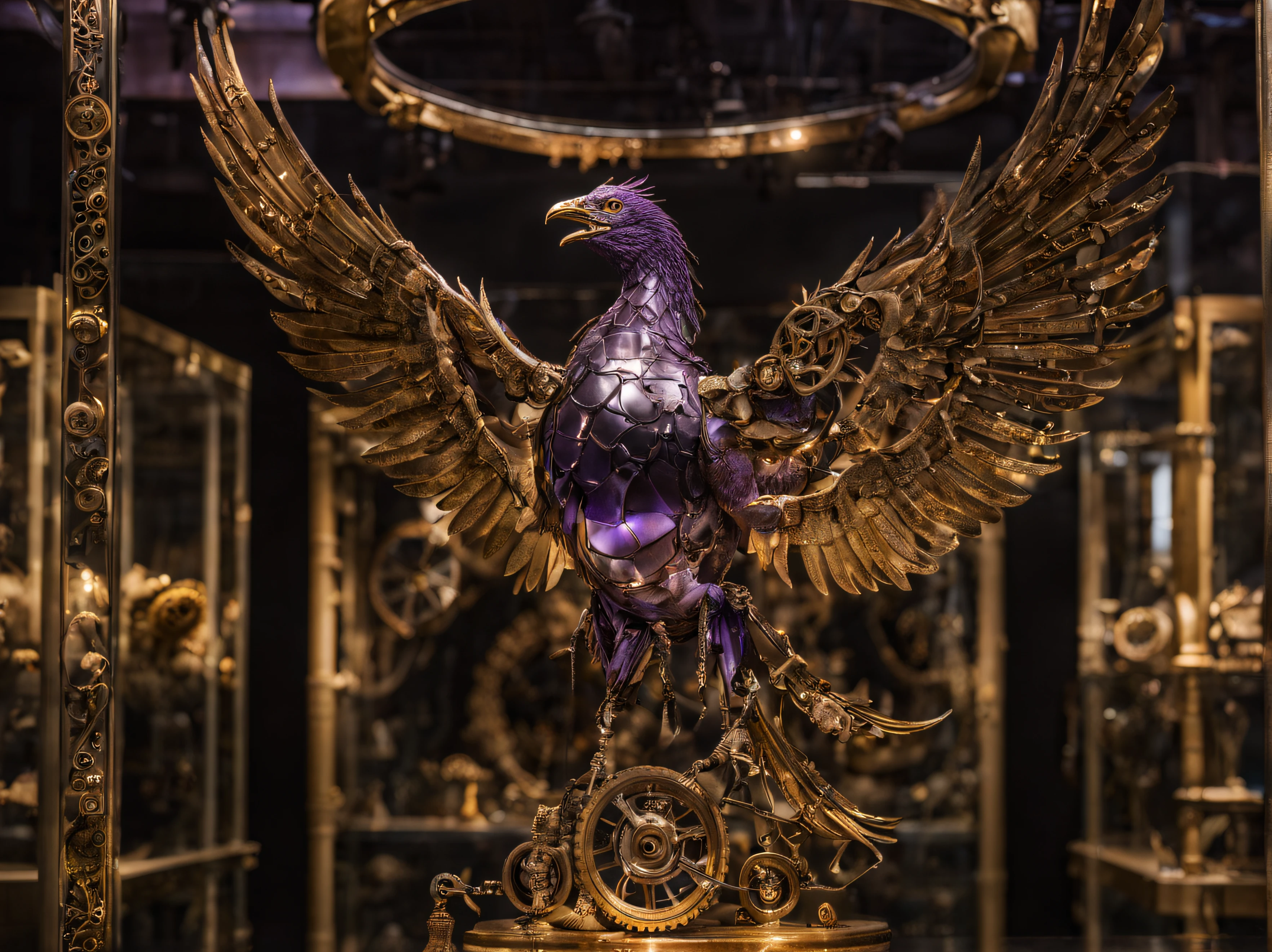 incredibly intricate full body photo of an exhibition in a glass display in a fantasy museum of a mechanical phoenix bird ((with visible clockwork elements)) from dungeons and dragons with highly detailed runes all along its body, Canon RF, F/2.8, intricate detail, raytracing, subsurface scattering, shadow blending, cinematic, infinite ultra-resolution image quality and render, 55mm, widescreen, clockwork, cogs, mechanical, purple and gold highlights