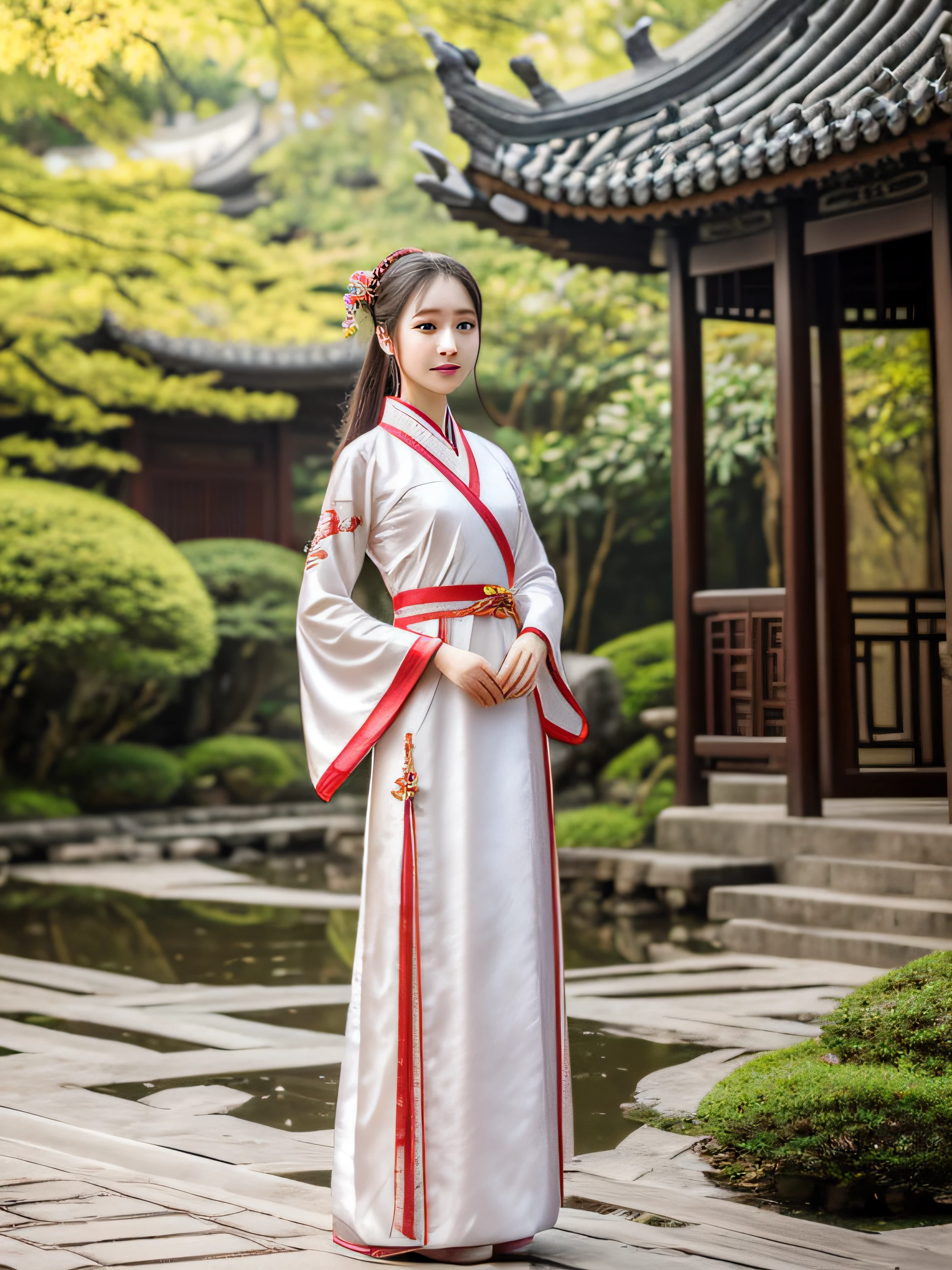 Fair complexion, A woman around 19 years old, Natural brunette hair, , Slender and graceful, Beautiful, Light in a Chinese garden setting, super sharp focus, realistic lens, Hanfu women's clothing, Four colors (Scar:1.4)Expose your chest