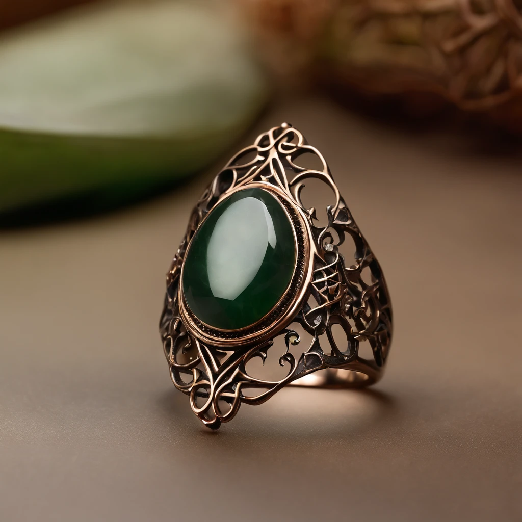 (Ring art design,Pentagram pattern,Simple jewelry design,Art Nouveau,dynamic art,Contemporary art:1.45),(Berlin black iron jewelry in Victorian Gothic style, Gold thread and jade ring,Hollow plant shape metal carving,Intricate,ironwork,Handmade,Romantic engagement rings,Set with a pear-shaped gemstone,Set with rose gold band. Add a feminine touch to your designs,The image has a softness, Fantastical Atmosphere,Available for Facebook Ring Ads:1.2),