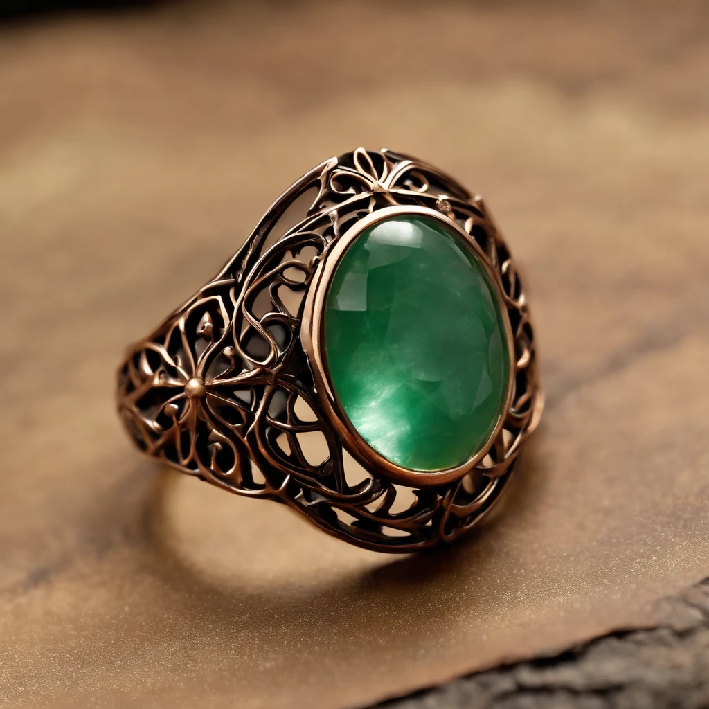 (Ring art design,Pentagram pattern,Simple jewelry design,Art Nouveau,dynamic art,Contemporary art:1.45),(Berlin black iron jewelry in Victorian Gothic style, Gold thread and jade ring,Hollow plant shape metal carving,Intricate,ironwork,Handmade,Romantic engagement rings，Set with a pear-shaped gemstone,Set with rose gold band. Add a feminine touch to your designs,The image has a softness, Fantastical Atmosphere，Available for Facebook Ring Ads:1.2),