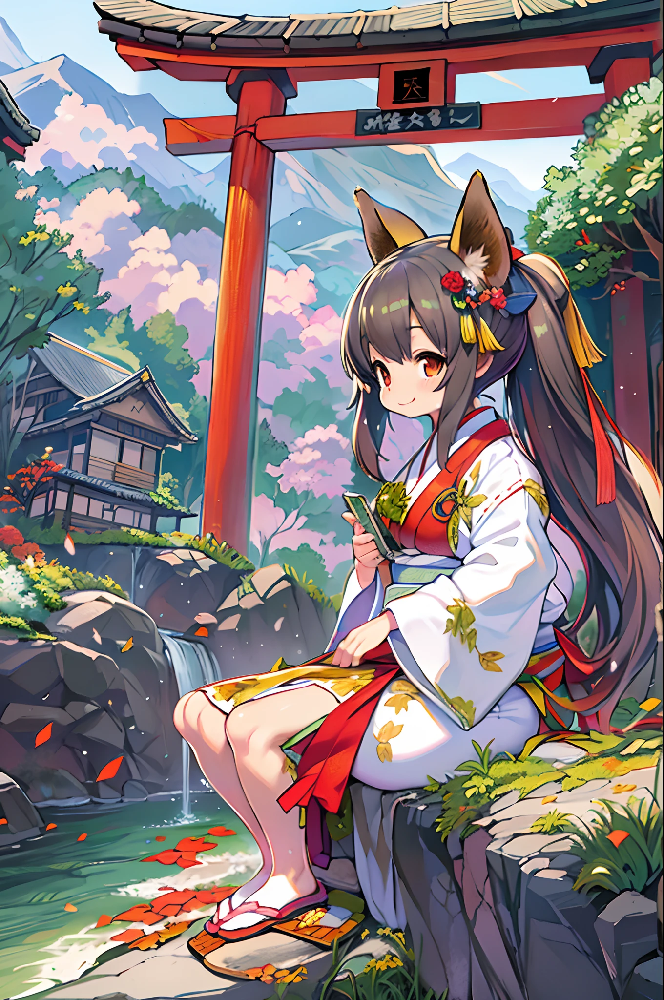 Fox Woman、body covered with fur、huge-breasted、kawaii、shrine maiden、Japan white clothes,Red Hakama、torii gate,((High Position))、A big smile、bbw、thick thight、big butts、Ultramammy,Chibi,Nanachi, autumn day,kaede、 Pines, Anime Background Art, japanese art style, beautiful anime scene, detailed scenery - width 672, Background art, Anime landscapes, Anime Background, Beautiful anime scenery, Beautiful peace scenes in anime, landscape artwork, Japan Village, Anime landscape concept art, 8K))、a lot of fallen leaves、Water twinkle、falls、Waterfall Basin、a river