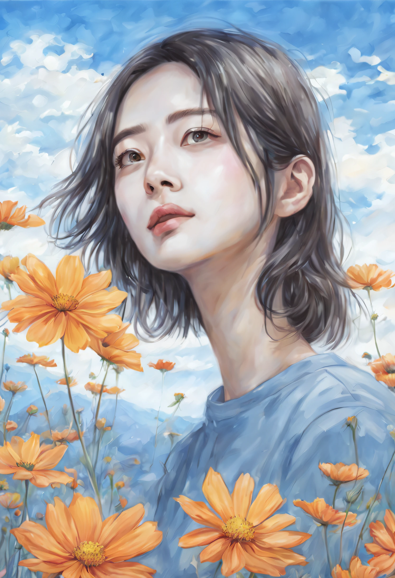 (PEPencilDrawing:1.4), Lonely flowers and blue sky、Autumn sky and beautiful cosmos flowers、Landscape photo of the vast cosmos flower field、（View from below with a view of the sky and the wilderness below）、Girl looking up at blue sky、Draw a big picture of the sky、masutepiece、top-quality