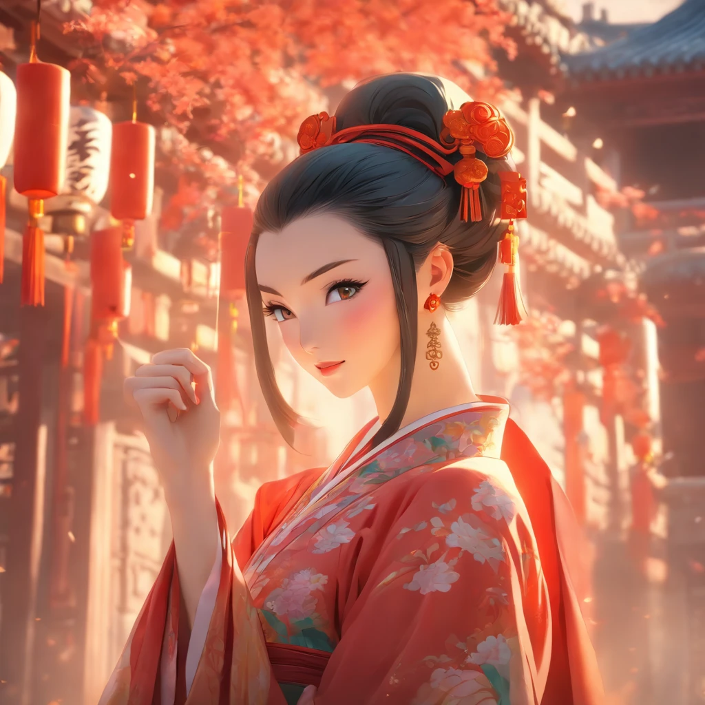 A beautiful woman in ancient Chinese noble robes in a Chinese background outside an ancient palace