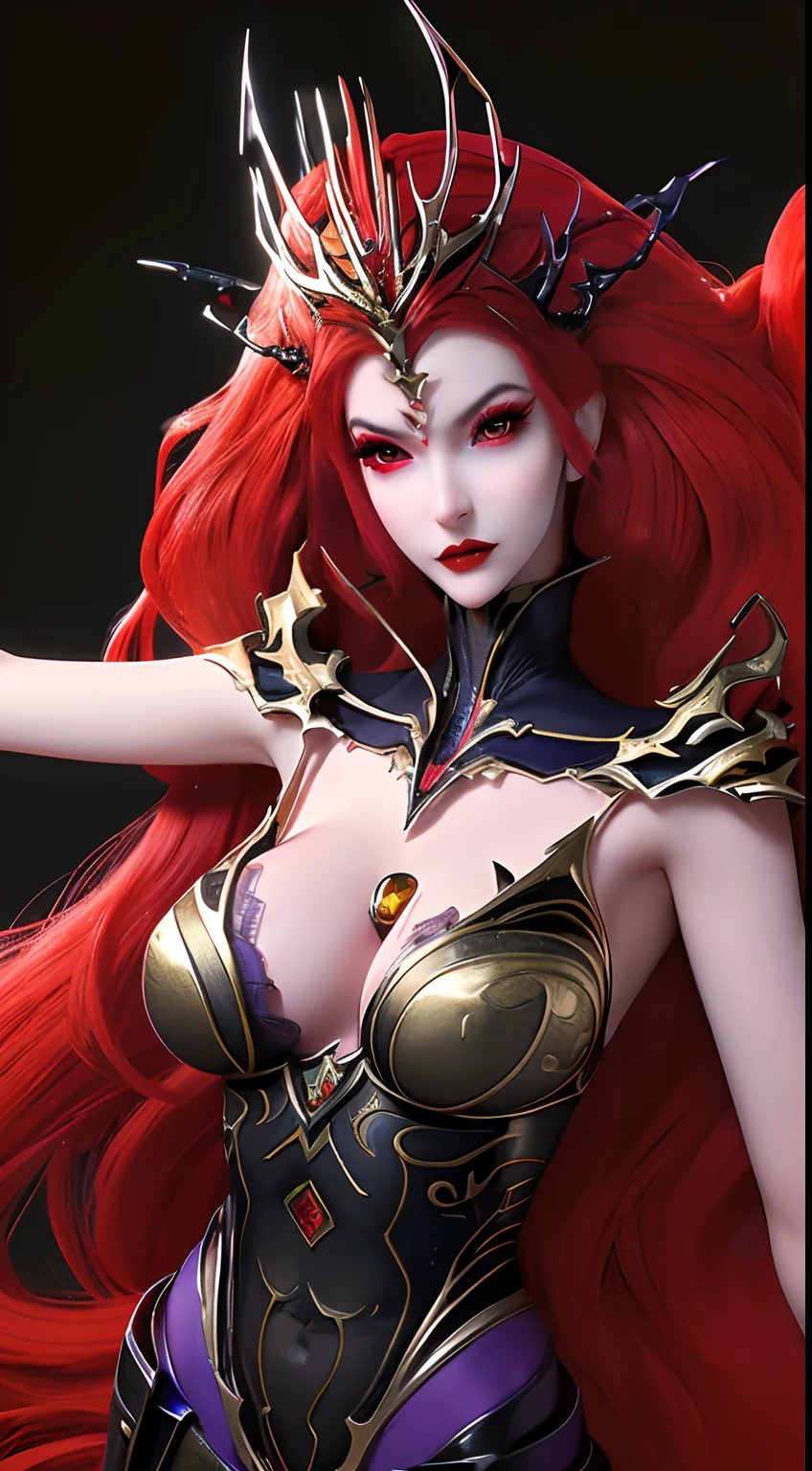1 beautiful and sexy 20 year old girl, ((wearing traditional Hanfu armor with main colors purple and red:1)), not wearing pants, sexy hanfu style, ((long red hair:1.7)), jewelry elaborately made from precious stones and beautiful hair, ((wearing a 24k gold lace necklace:1.4)), the noble, noble style of an extremely beautiful girl, her small face is super cute, her face is very pretty, thin eyebrows, flawless beautiful face, ((black eye pupils: 0.8)), very beautiful eyes, ((light red eyes: 1)), (((big round eyes:1.6))), nice makeup and hair detailed eyelashes, steamy eye makeup, high nose, earrings, red lips, ((closed mouth: 1.5)) beautiful lips, slim hands, most beautiful thighs, ((arms spread out to the sides: 1.5)), rosy face, clean face, flawless beautiful face, smooth white skin, (big breasts: 1.5)), tight breasts, beautiful cleavage, (((big breasts and super round: 1.8))), beautiful breasts, perfect body, ((put girl's arms behind her back:1.6)), chest out, sit down on the bed, ((Open your legs:1.5)), not ashamed, 8k photo, super high quality, super realistic, super 10x pixels, optical, bright studio, bright edges, dual-tone lighting, (high-detail skin:1.2), super 8k, soft lighting, high quality, volumetric lighting, photorealistic, photorealistic high resolution, lighting, best photo, 4k, 8k quality, smooth sharp, 10x pixel, ((royal villa background:1.5)), aurora, lightning, super graphics realistic, most realistic graphics, 1 girl, alone, solo, Extremely sharp image, surreal, ((portrait:1.5))."