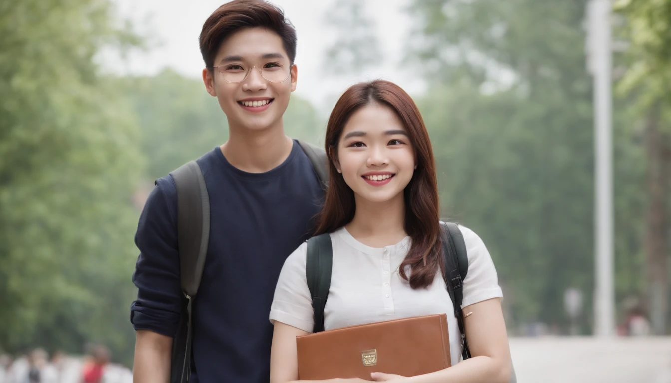 Two college students, One male and one female, Carry your bag or folder with you, Sunny happy smile,Don't show your teeth, The ethnicity is Asian, Good looks