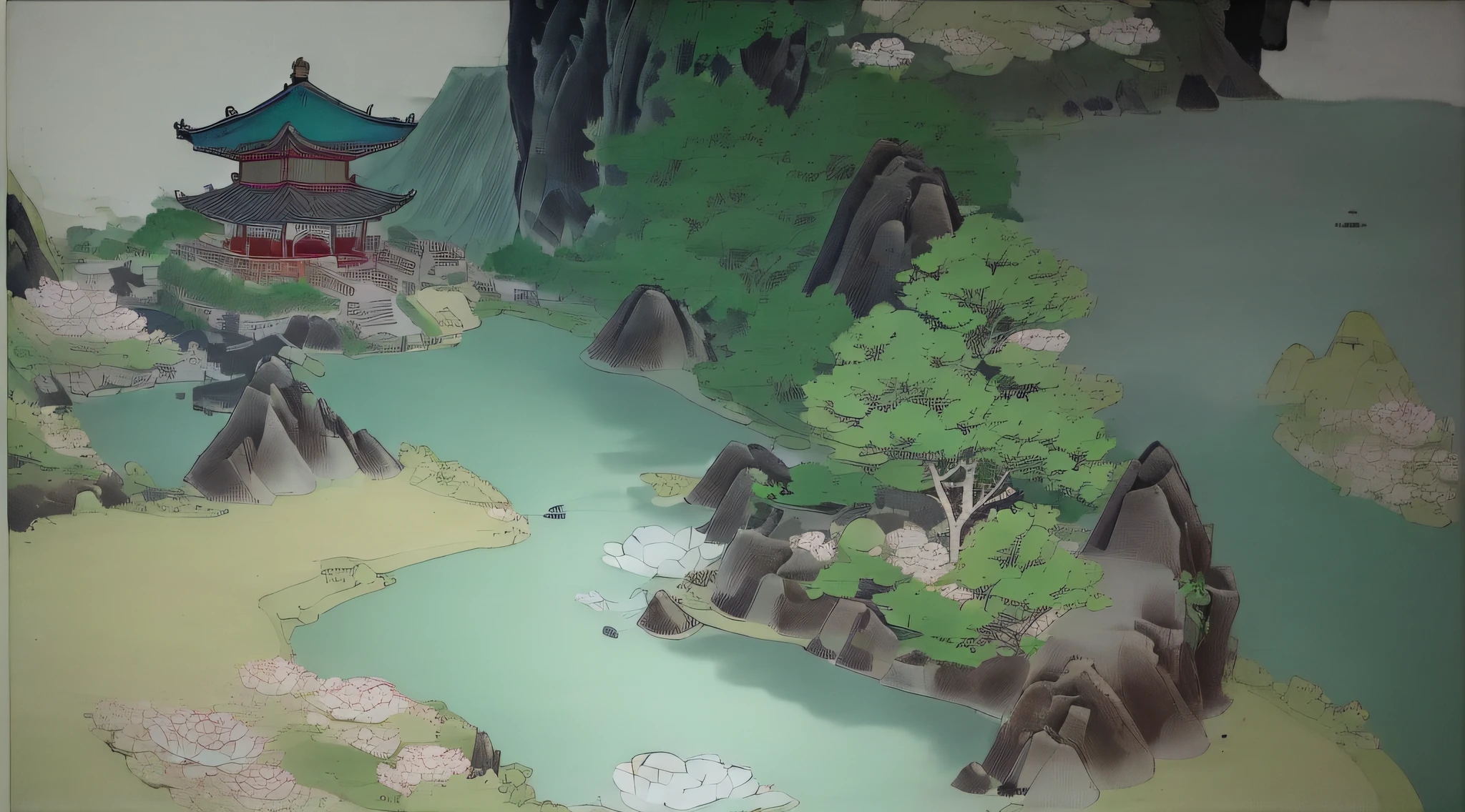 A high resolution,High hills,flowingwater,pavilion,cyan and green,Zhang Daqian ink painting style,The atmosphere is open,Detailed details