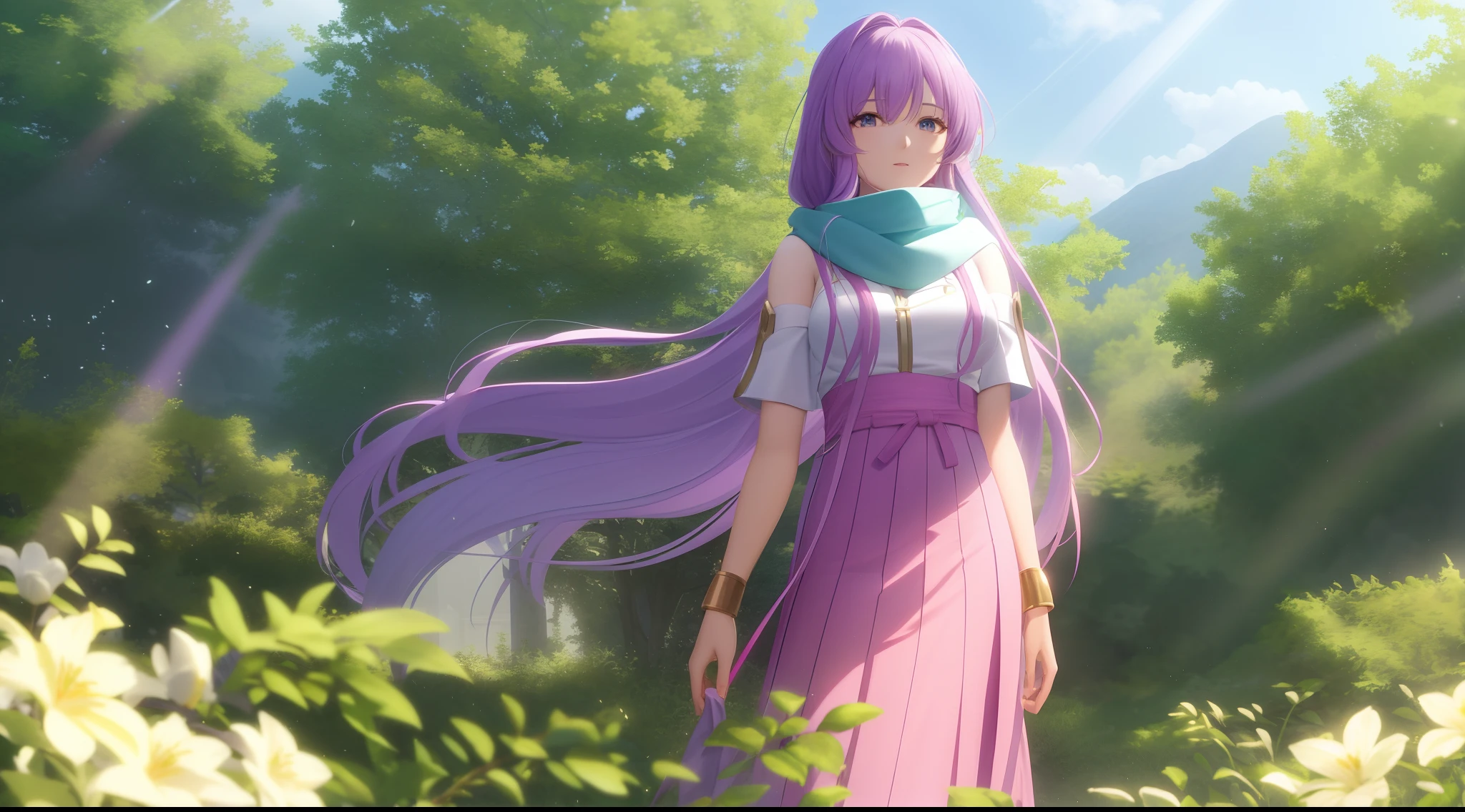 Kido_saori, Saint seiya athena with plain long light purple hair,green eyes,rosy cheeks,full lips,thin eyebrows,slender body,greek cloth and very long skirt,scarf,cute anime girl,full body,flowers field,anime style,Lumen Reflections,Screen Space Reflections,Diffraction Grading,Chromatic Aberration,GB Displacement,Scan Lines,Ray Traced,Anti-Aliasing,FXAA,TXAA,RTX,SSAO,Shaders,OpenGL-Shaders, GLSL-Shaders,Post Processing,Post-Production,cell Shading,Tone Mapping,CGI,VFX,SFX,insanely detailed and intricate, 4K,Kido_Saori, standing, solo, masterpiece, best quality, detailed face, detailed eyes, highres