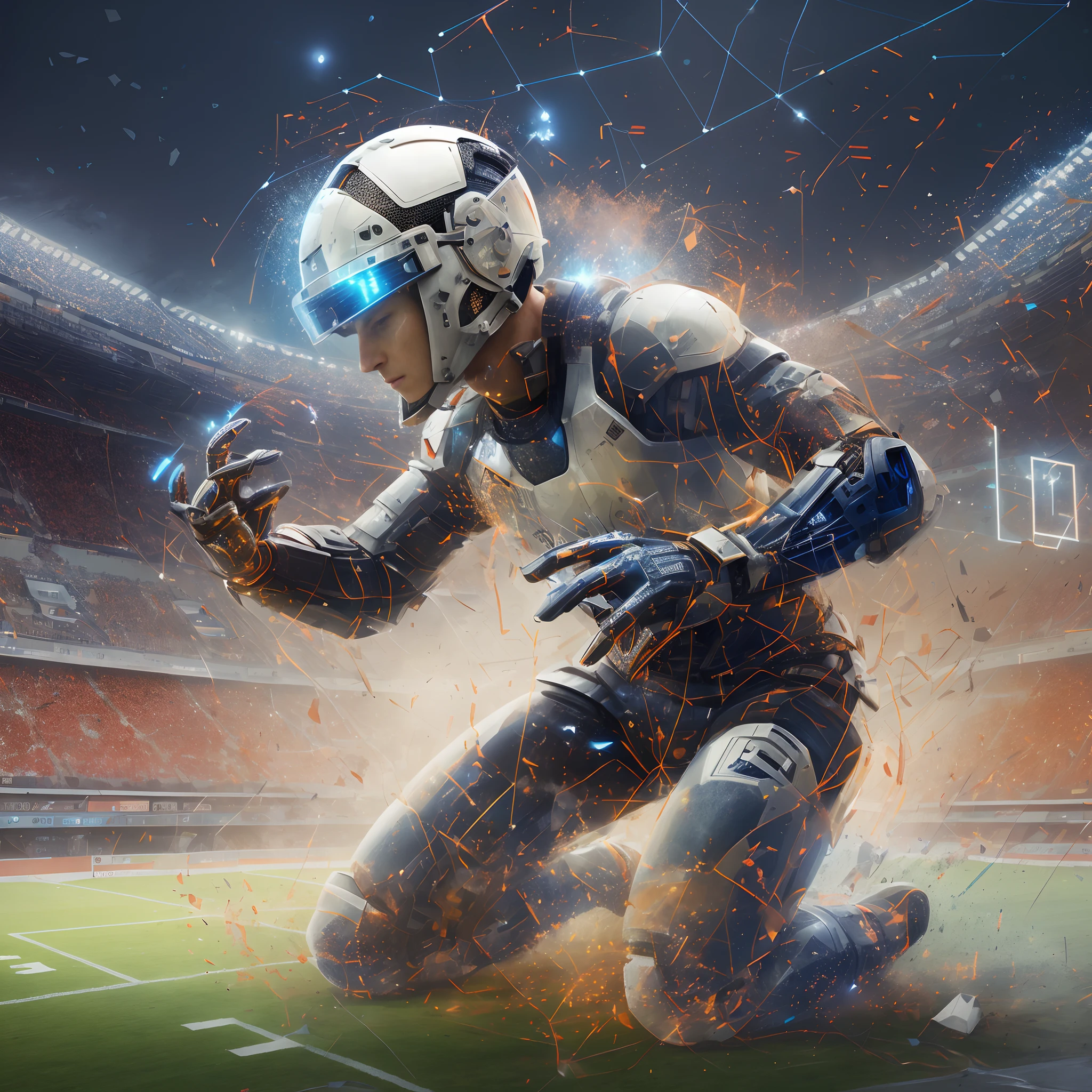 there is a man in a helmet and a helmet on a field, with futuristic gear and helmet, football player, glowing eyes in helmet, by Wayne England, futuristic sport arena, strong artificial intelligence, messi as cyborg, football armor, cg art, digital concept art illustration, high quality digital concept art, cyborg in the data center, cyborg robot wearing vr headset