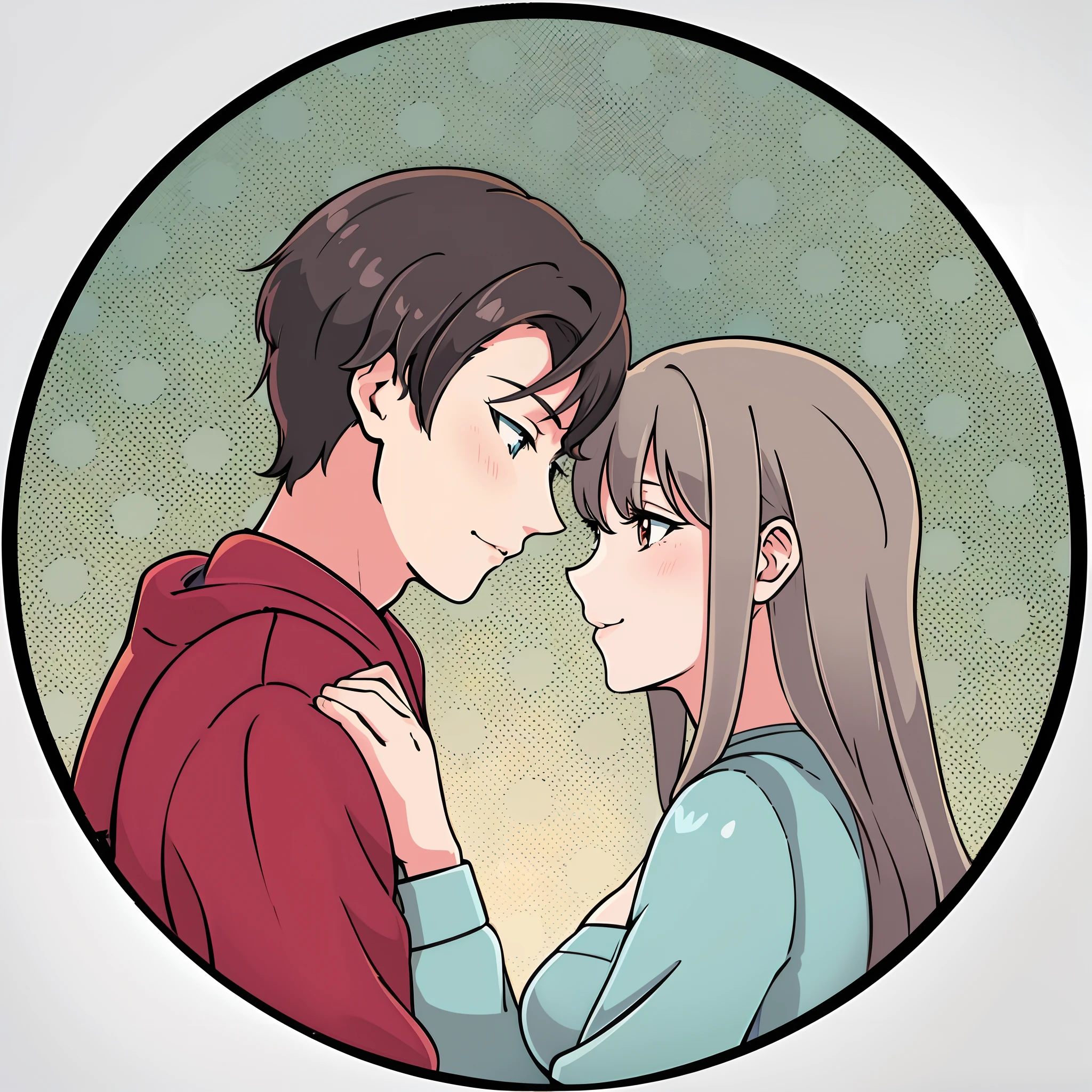 There is a man and a woman, who look at each other, cel - shaded art style, in anime style, in anime style, anime style portrait, high quality fanart, official fan art, anime art style, couple pose, manga-style, kissing together cutely, The Romance of Shōjo, Very anime style